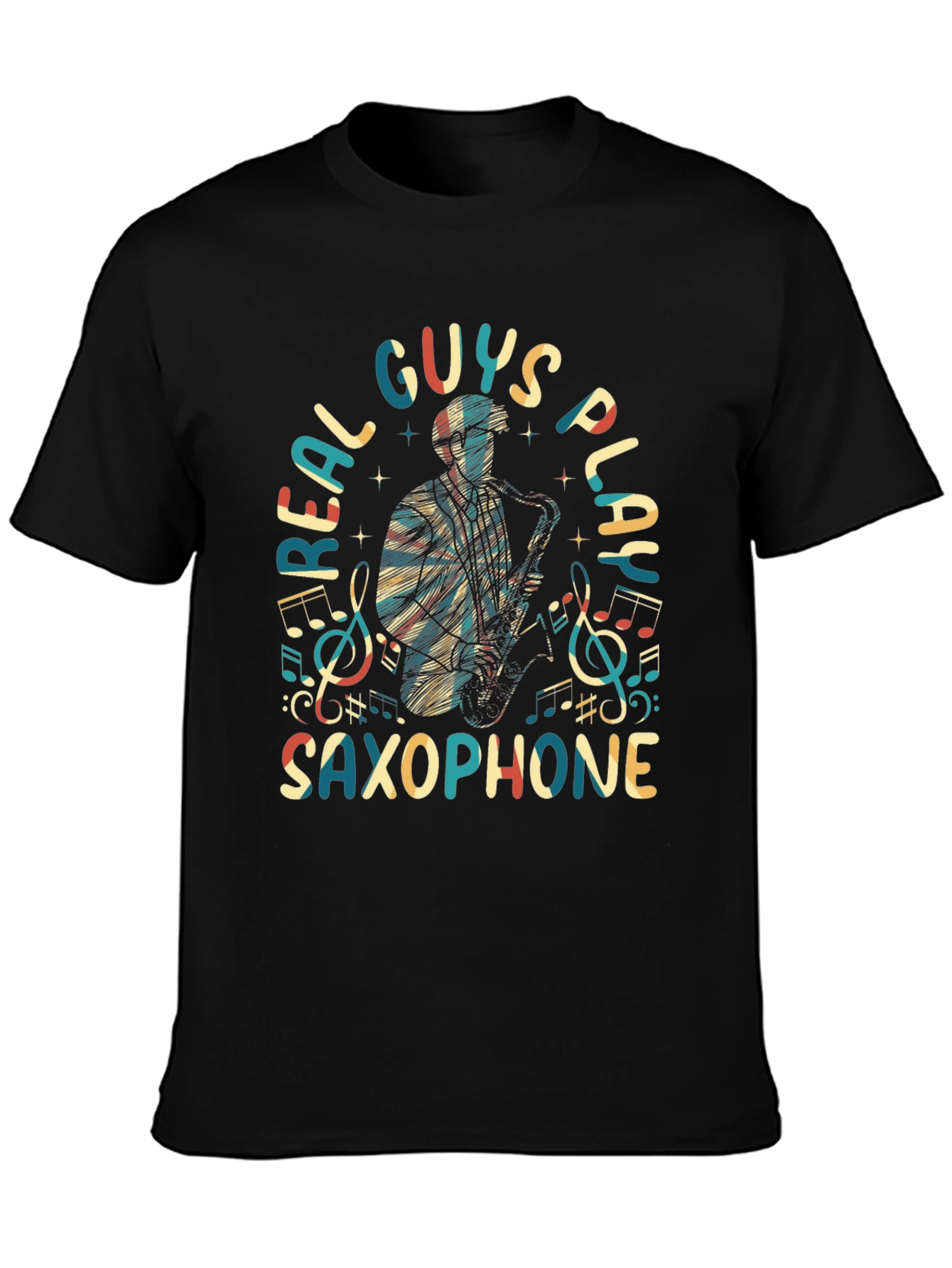 Black Real Guys Play Saxophone Graphic Tee view 3