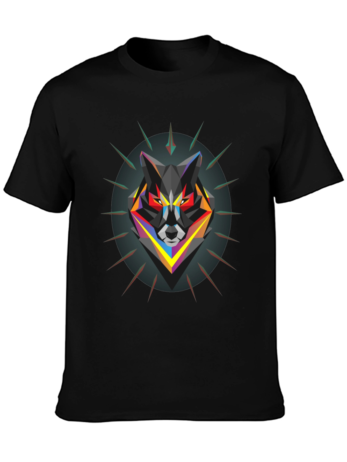 Black Geometric Wolf Graphic Black T-Shirt view 3