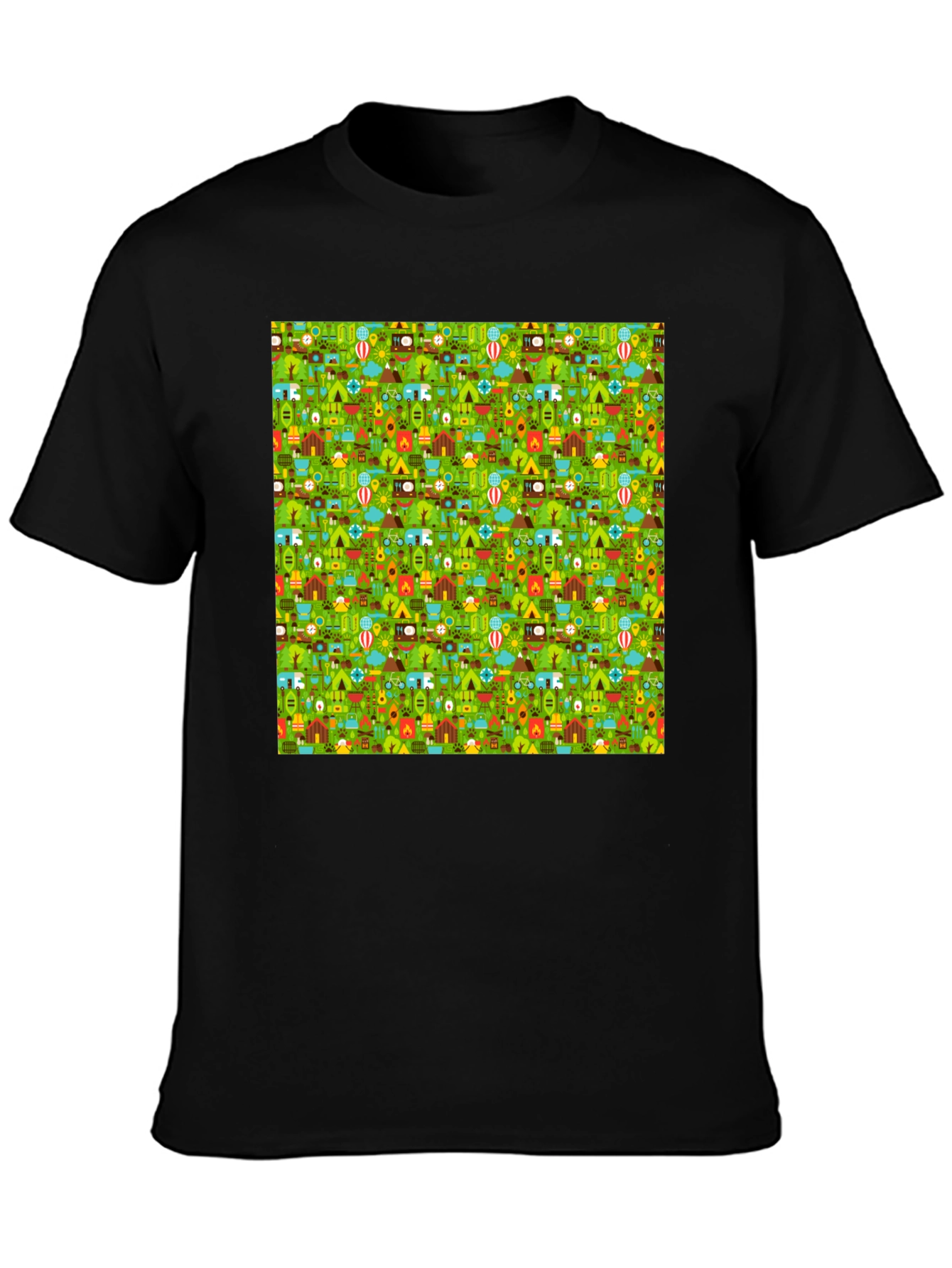 Black Camping Pattern Crew Neck T-Shirt view 3