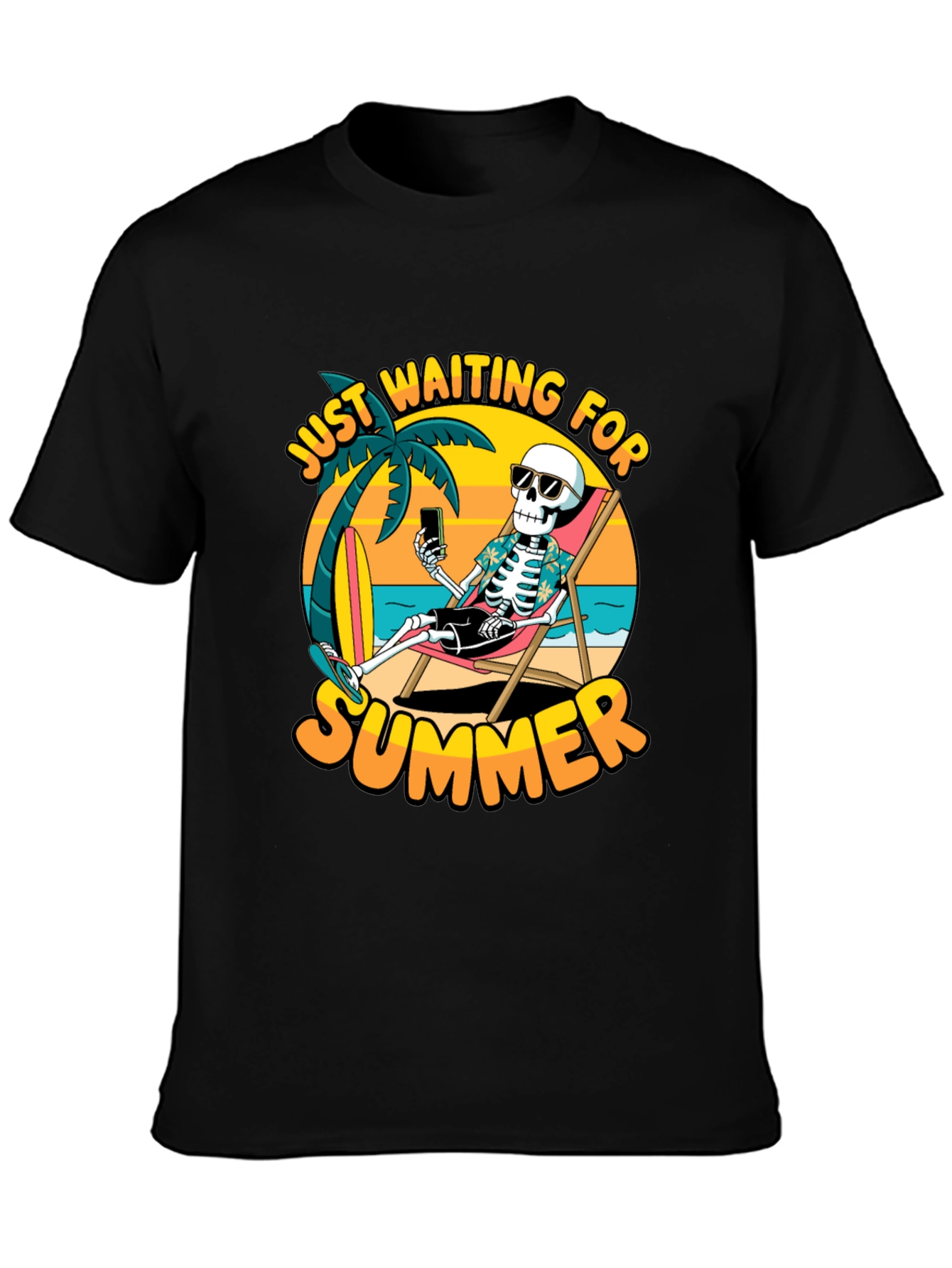 Black Just Waiting For Summer T-Shirt - Skeleton Beach Design view 3
