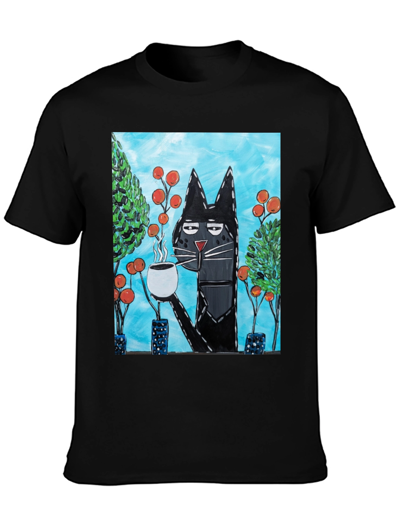 Black Cool Cat Sipping Coffee T-Shirt view 3