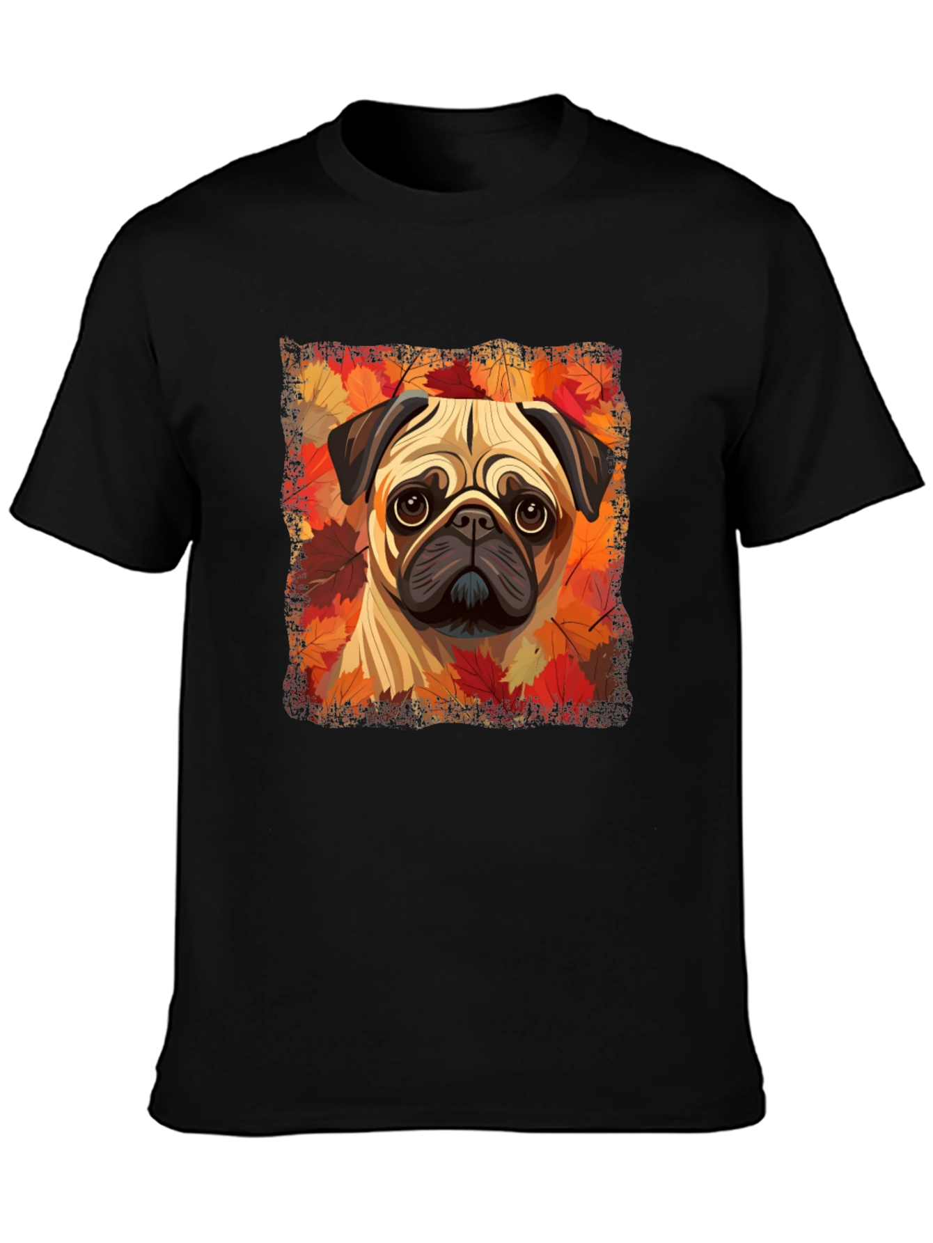 Black Pug in Autumn Leaves Graphic T-Shirt view 3