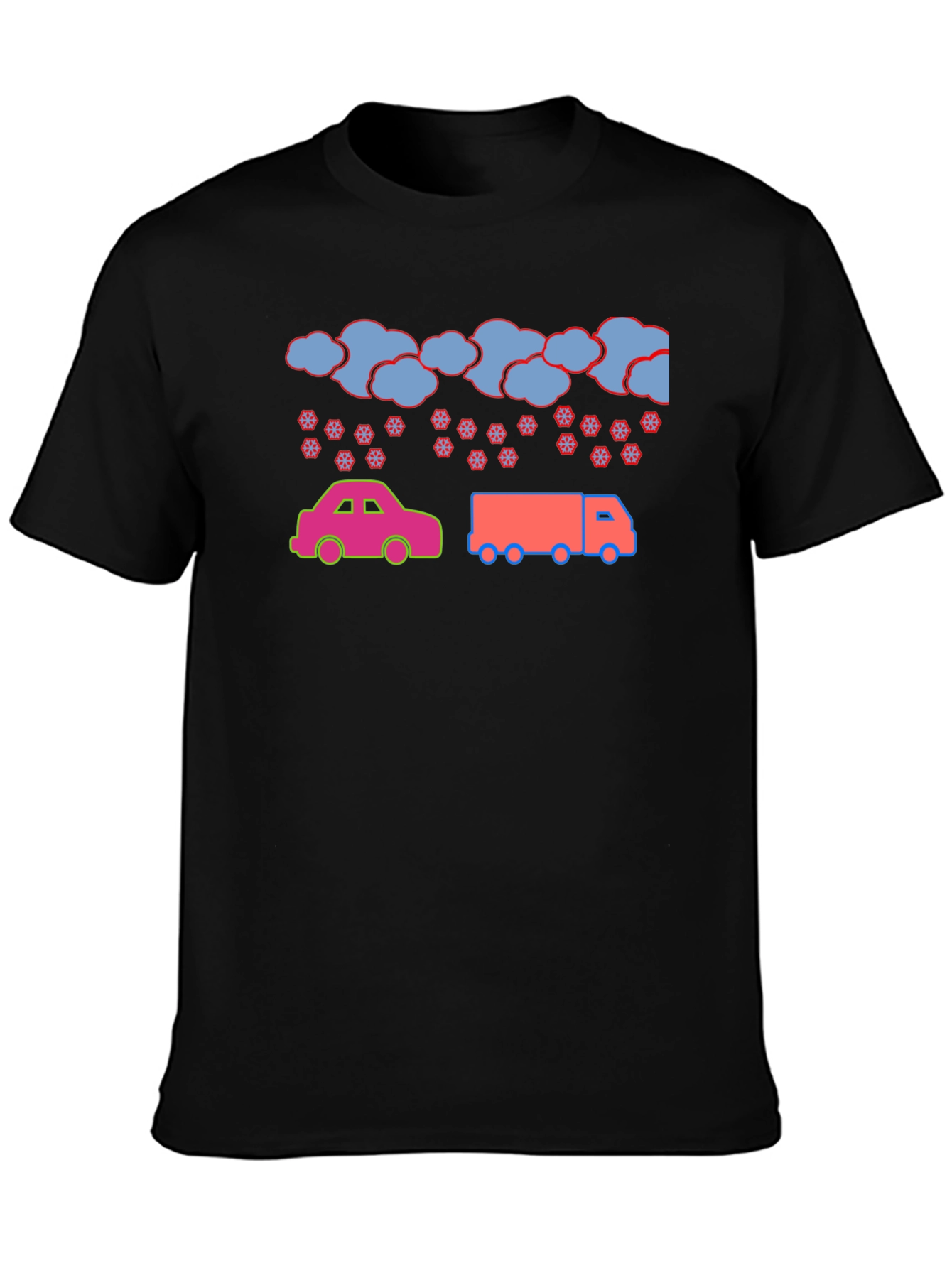 Black Cartoon Car & Truck Snow Day Black T-Shirt view 3