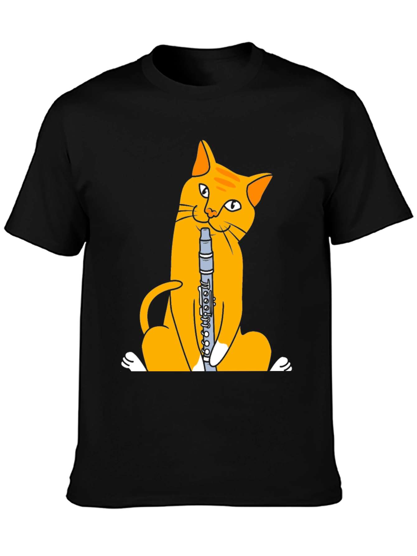 Black Cat Playing Clarinet T-Shirt - Black Cotton Tee view 3