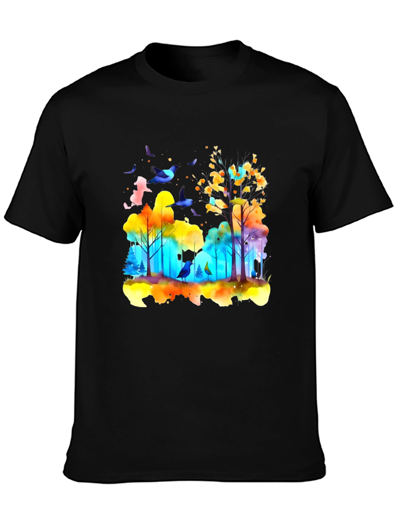 Black Watercolor Forest Birds T-Shirt view 3