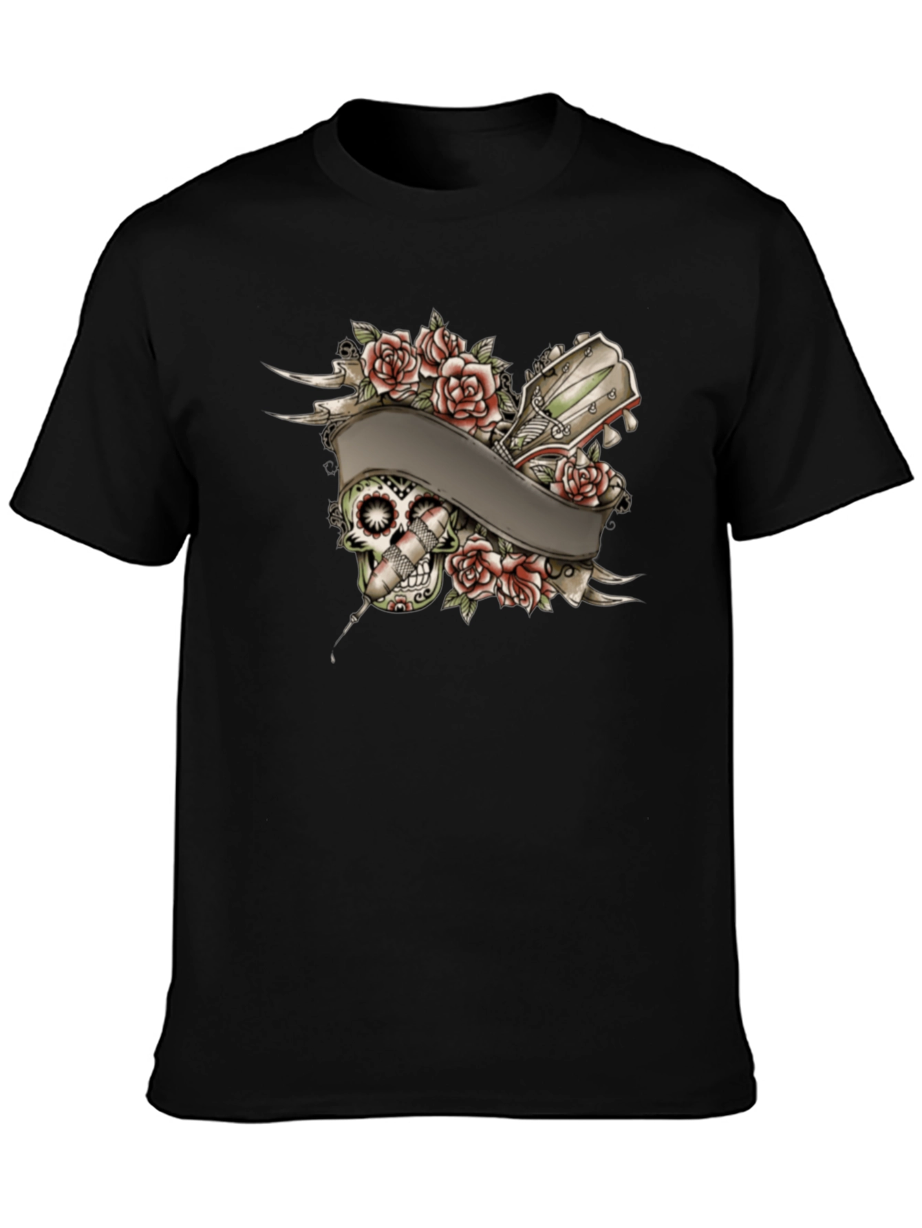 Black Skull Roses Tattoo Style Graphic Tee view 3