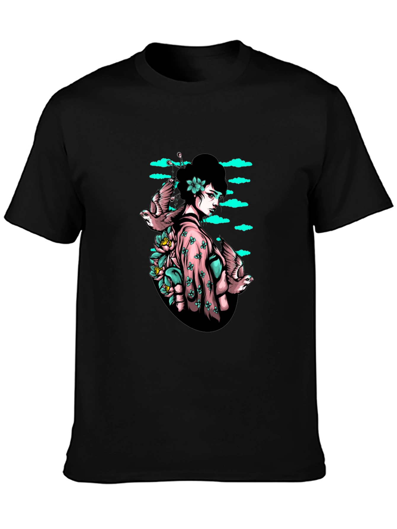 Black Geisha & Birds Graphic Tee - Unique Black T-Shirt view 3