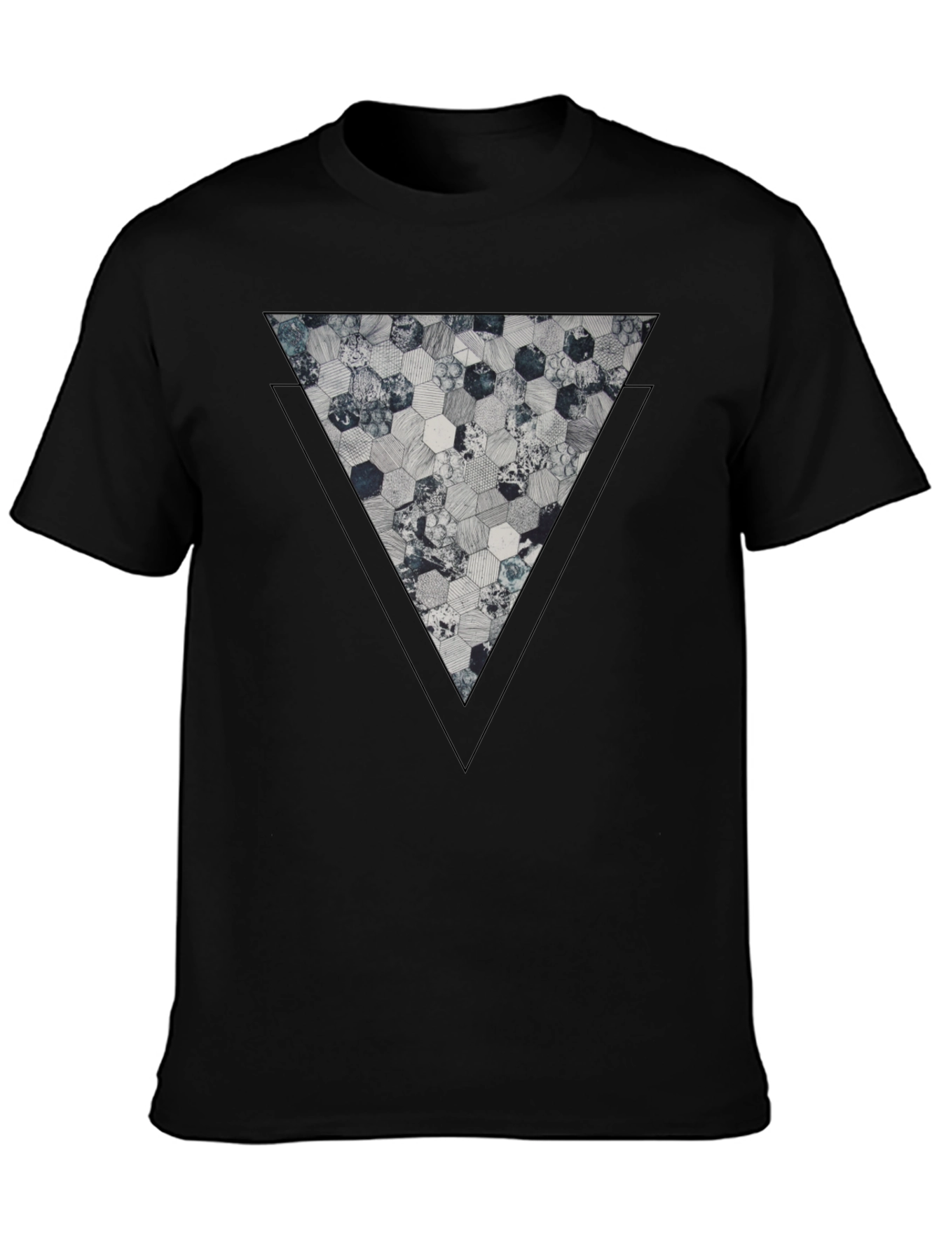 Black Geometric Hexagon Triangle Graphic Tee - Black view 3