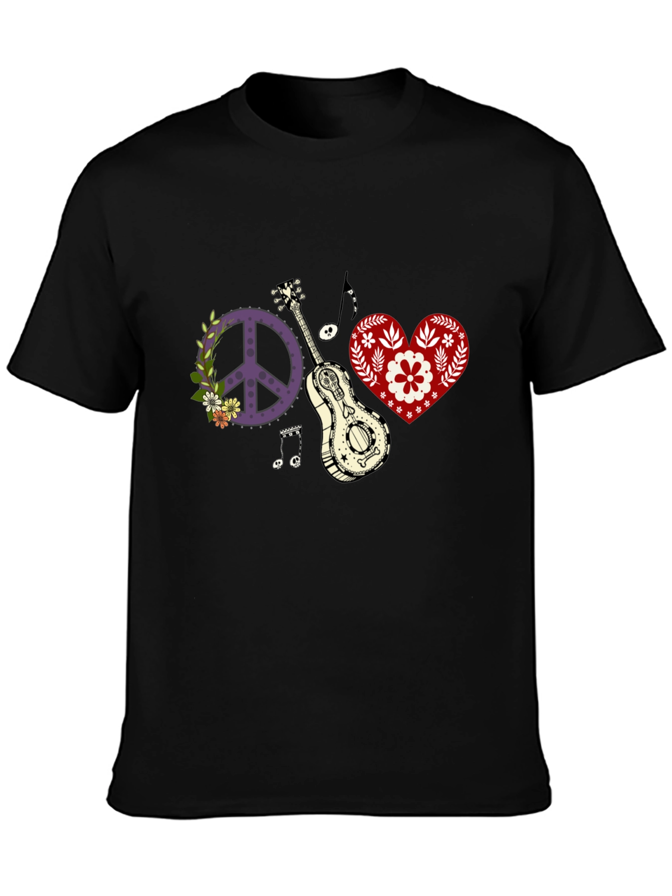 Black Peace, Love & Music T-Shirt - Black Cotton Tee view 3