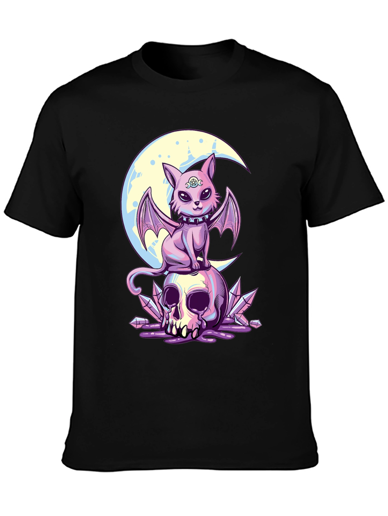 Black Skull Moon Bat Cat Graphic T-Shirt view 3