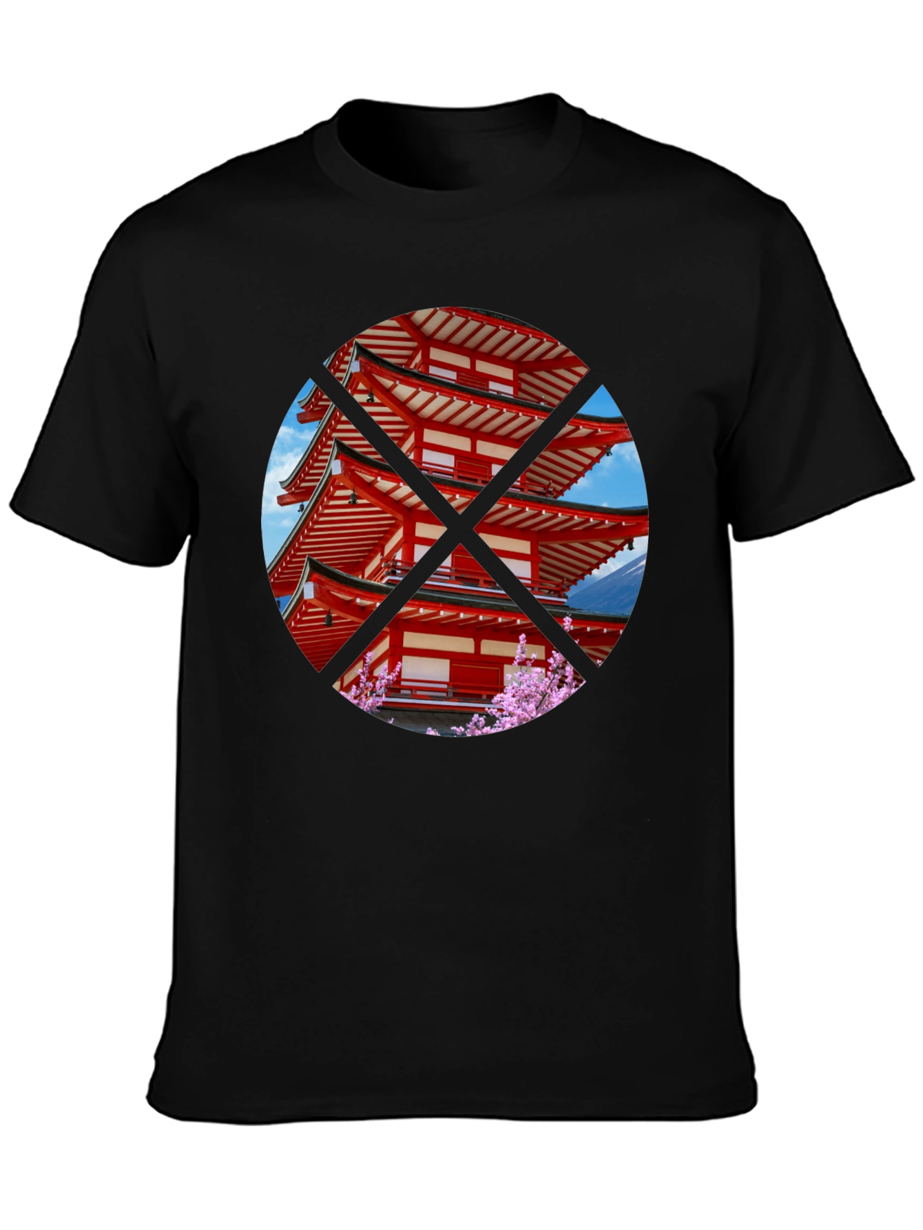 Black Japanese Pagoda T-Shirt - Black Crew Neck Tee view 3