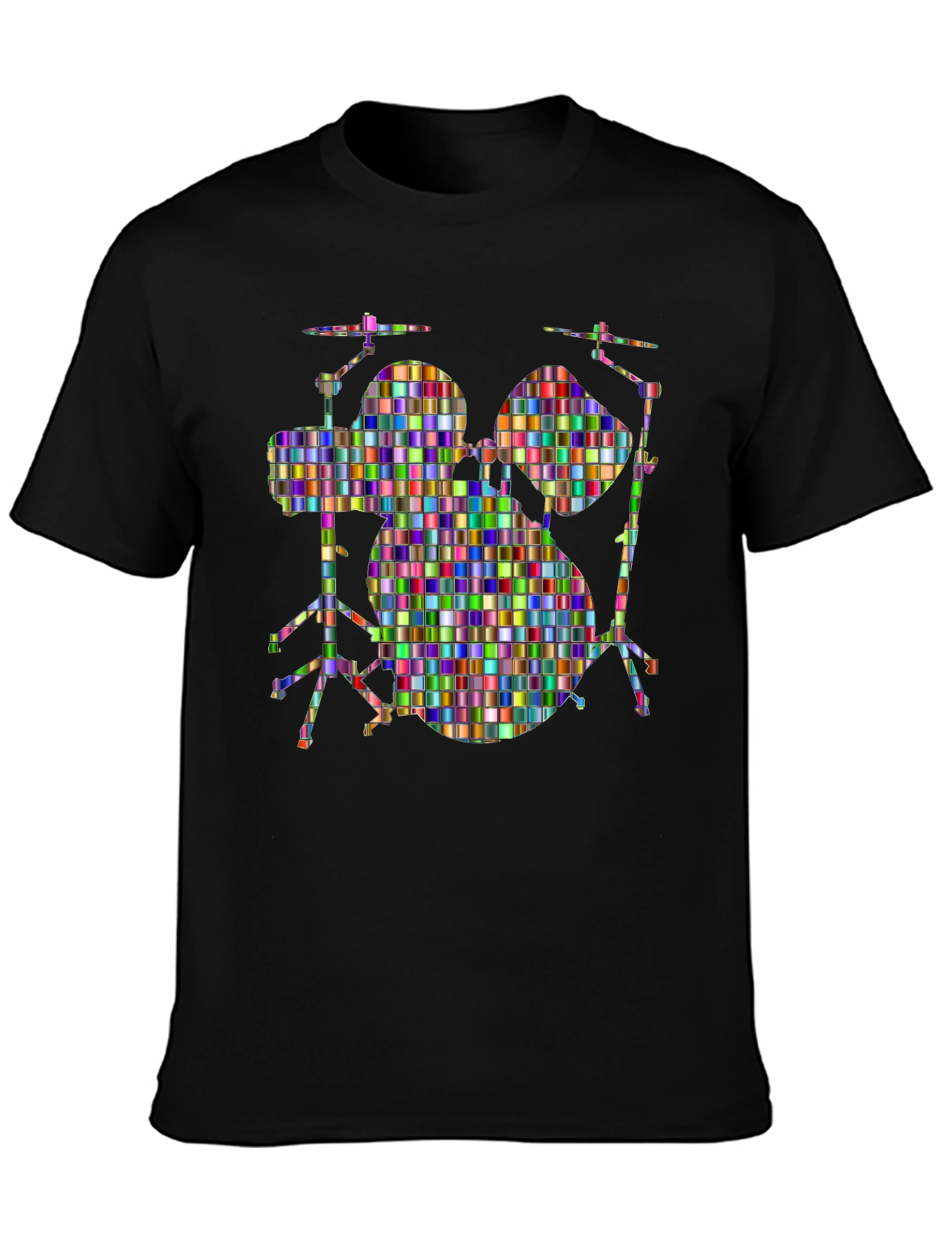 Black Colorful Drum Set Graphic Tee - Black Cotton T-Shirt view 3