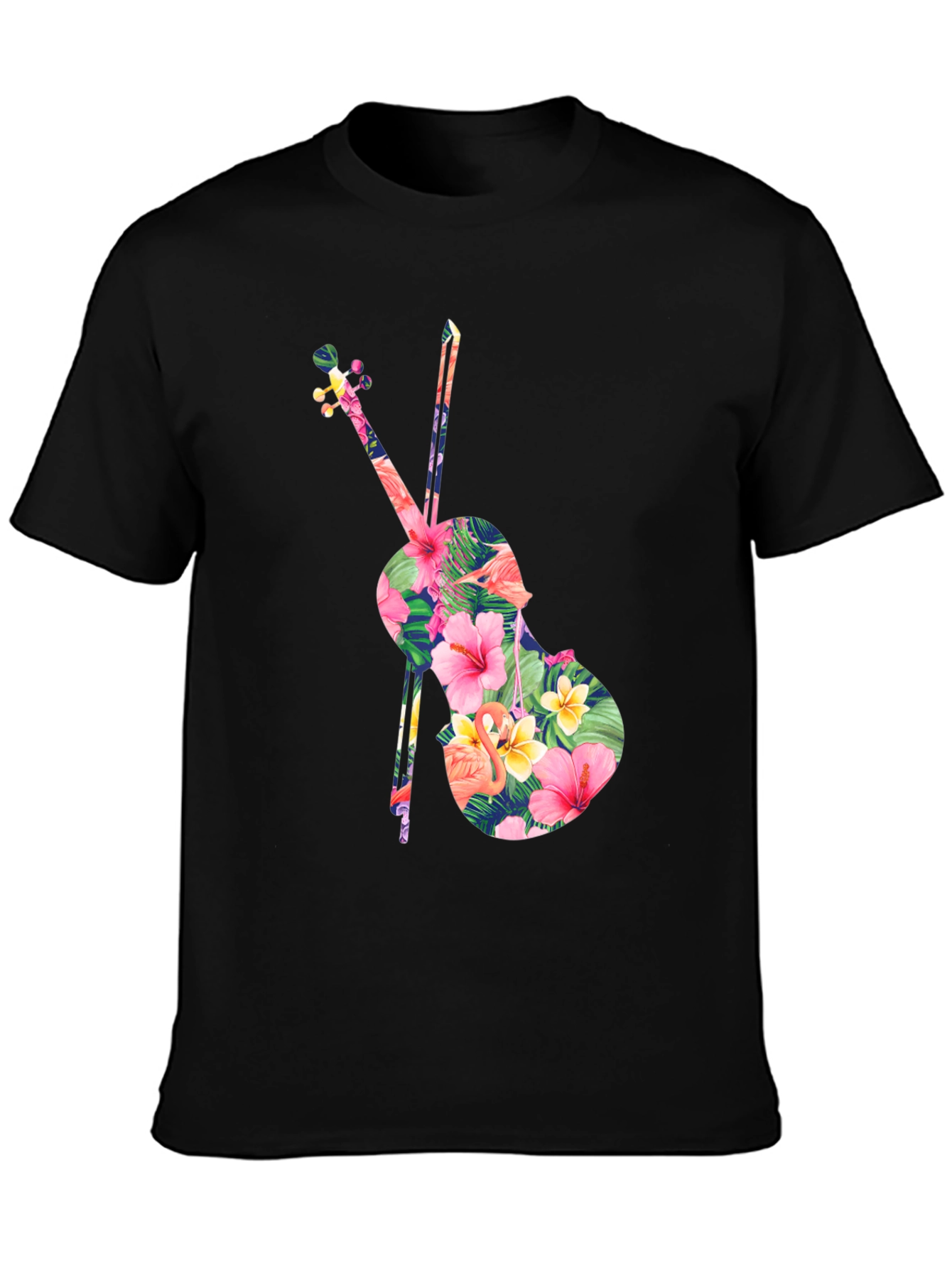 Black Floral Violin Graphic Tee - Tropical Music Lover Shirt view 3