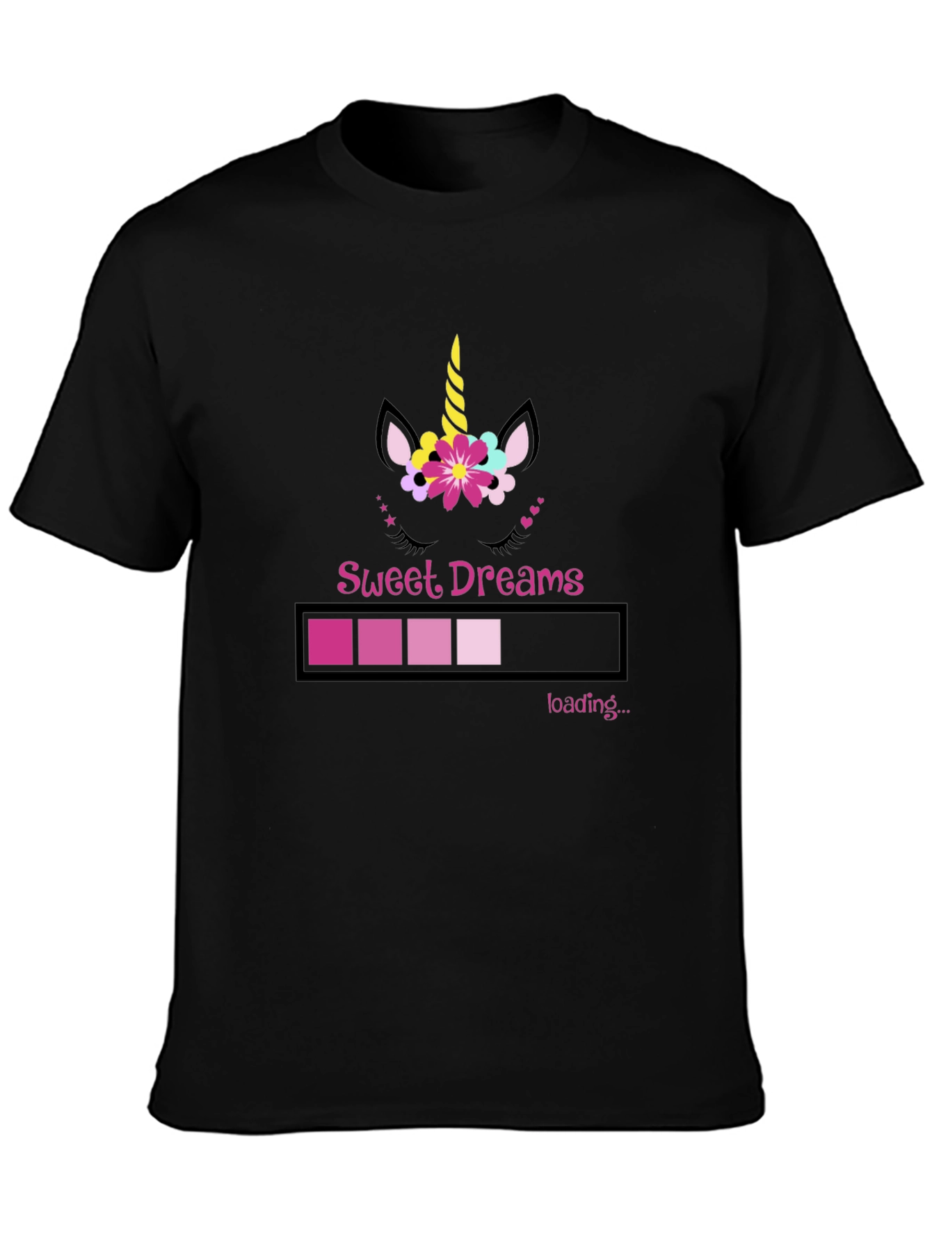 Black Sweet Dreams Unicorn Loading Bar Black T-Shirt view 3