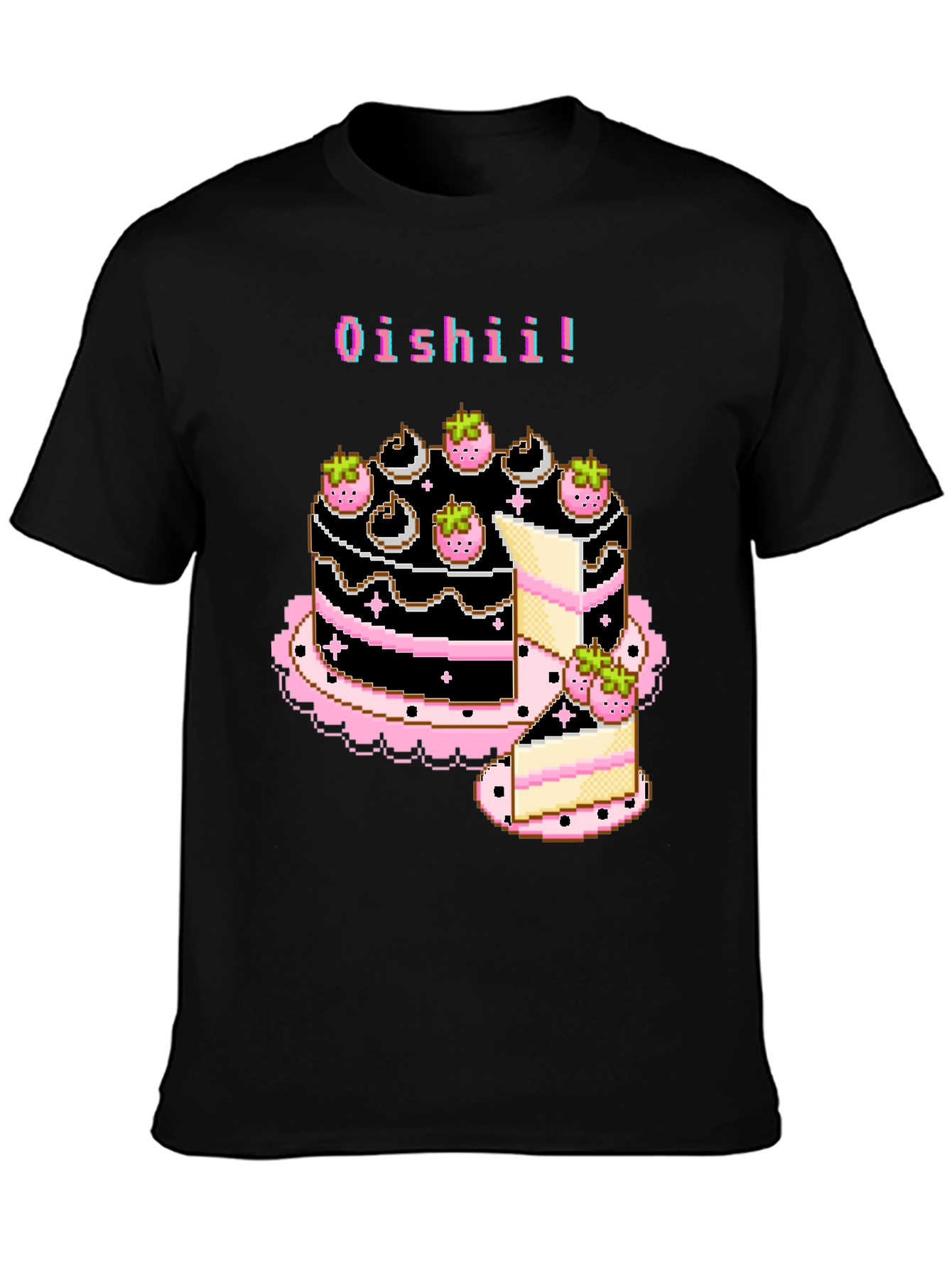 Black Pixel Art Oishii Cake T-Shirt view 3