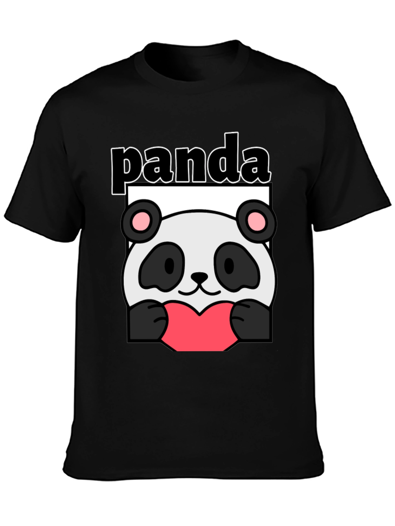 Black Cute Panda Heart Graphic Black T-Shirt view 3