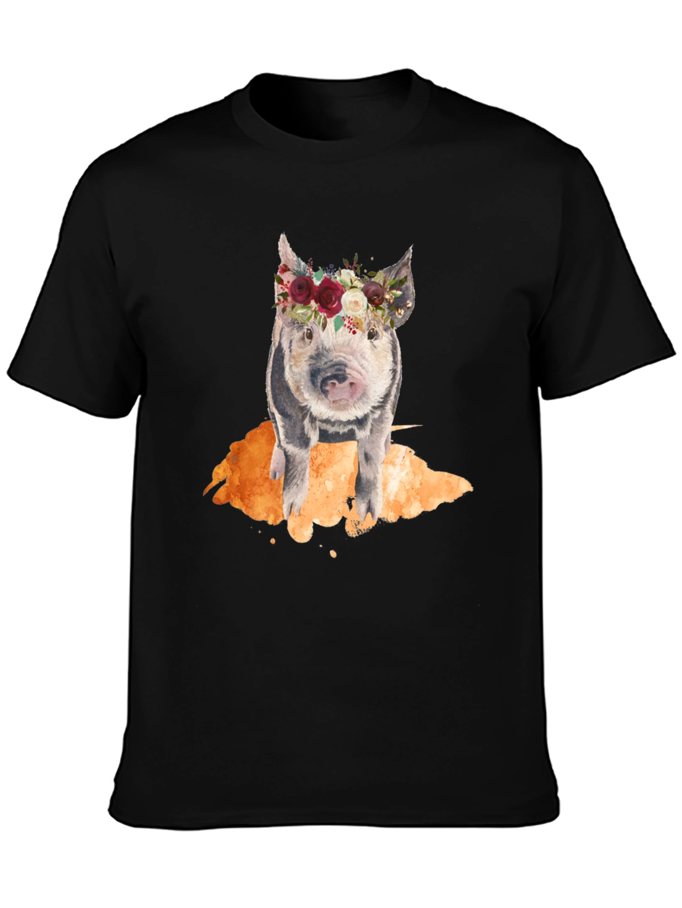 Black Floral Crown Pig Black T-Shirt view 3