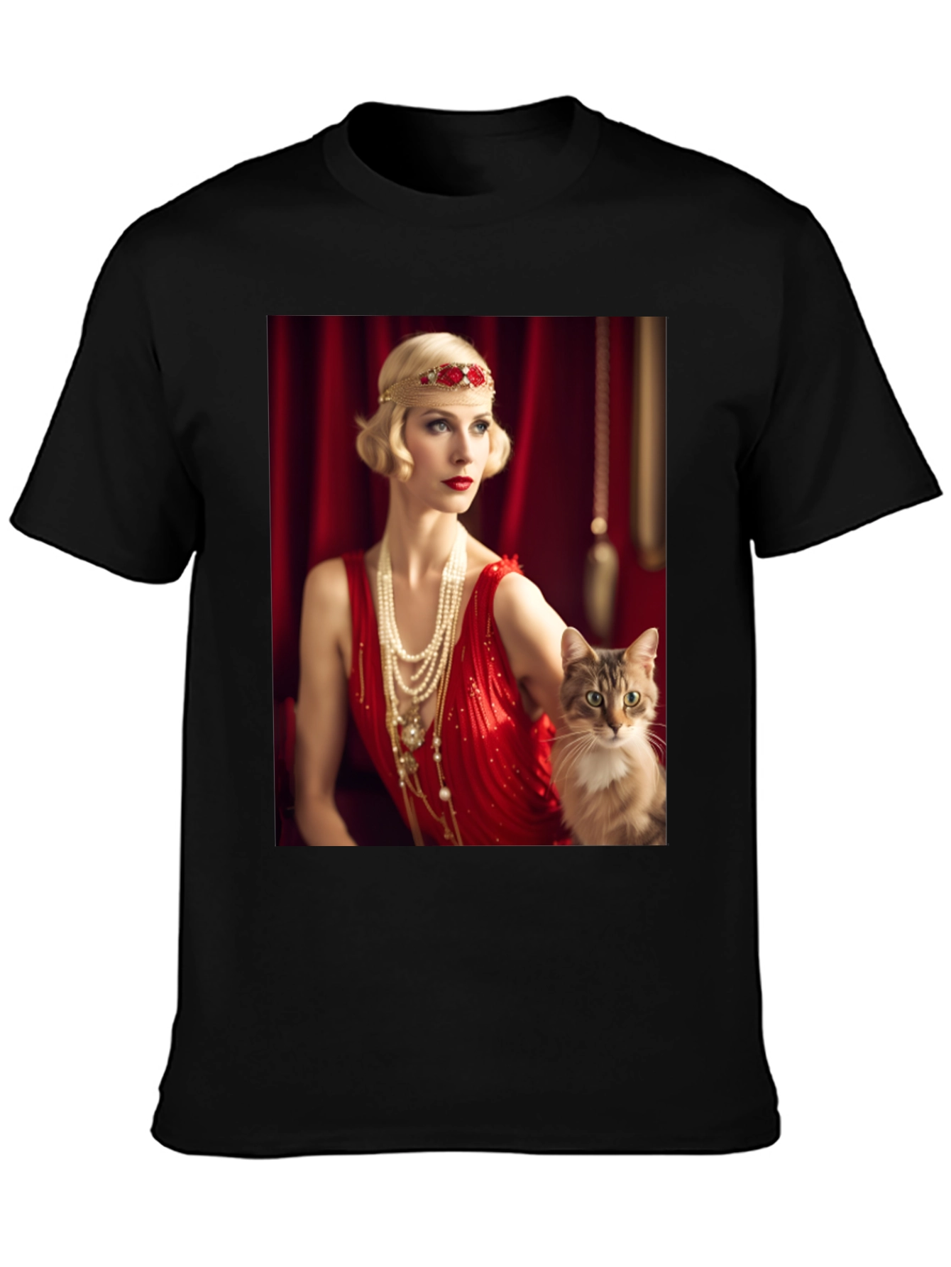 Black Retro Glam T-Shirt: Woman & Cat view 3