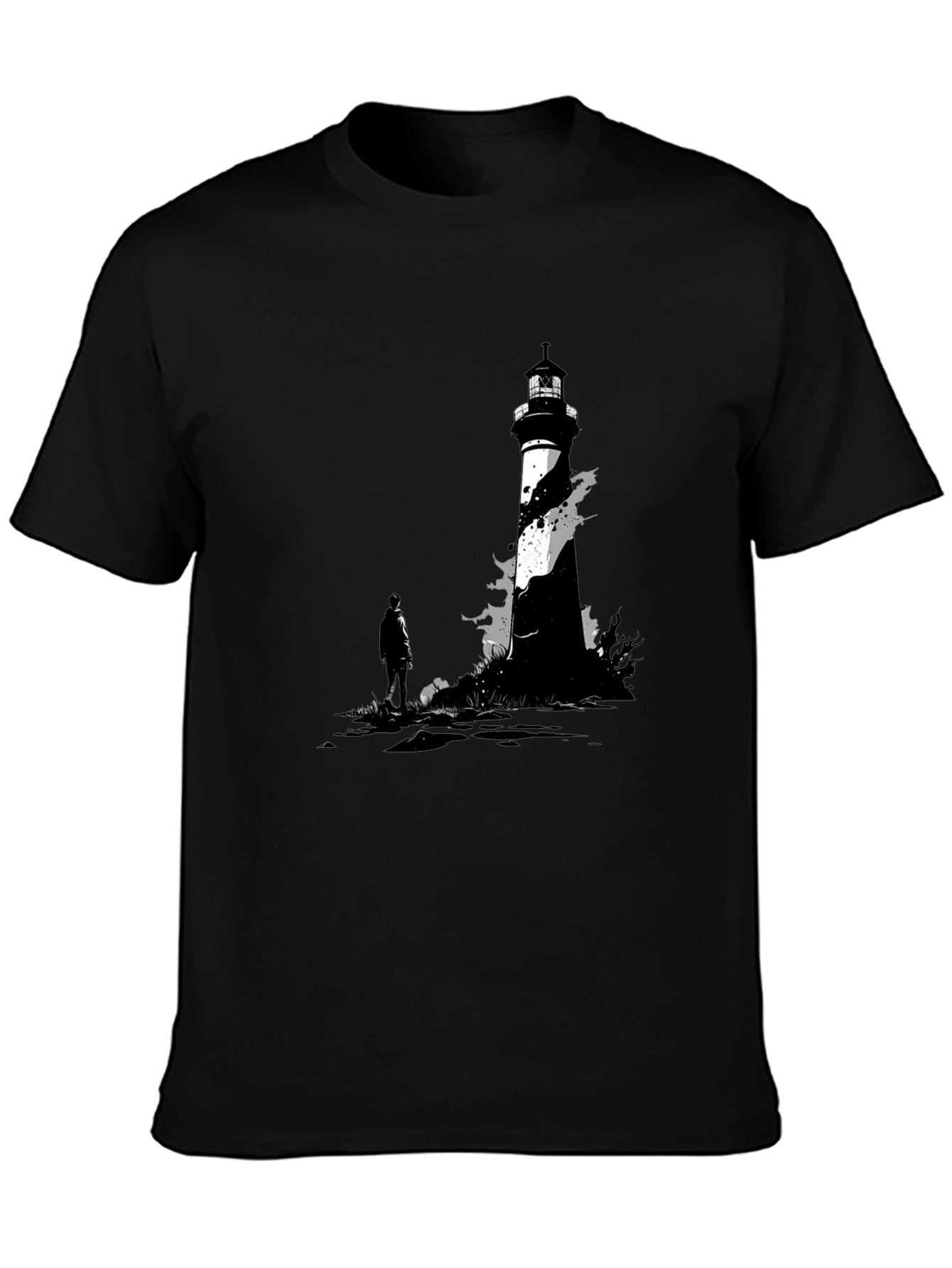 Black Lighthouse Graphic Tee - Coastal Style T-Shirt view 3