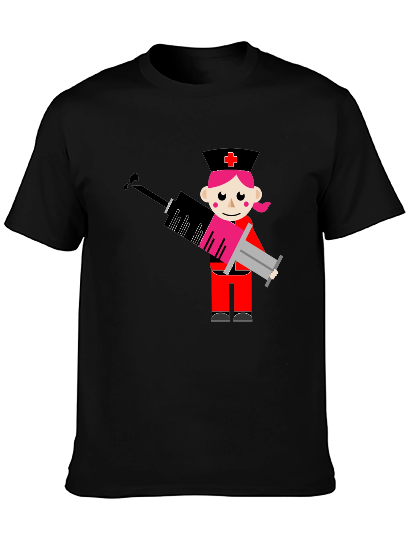 Black Cartoon Nurse Syringe Graphic T-Shirt - Black Cotton Tee view 3