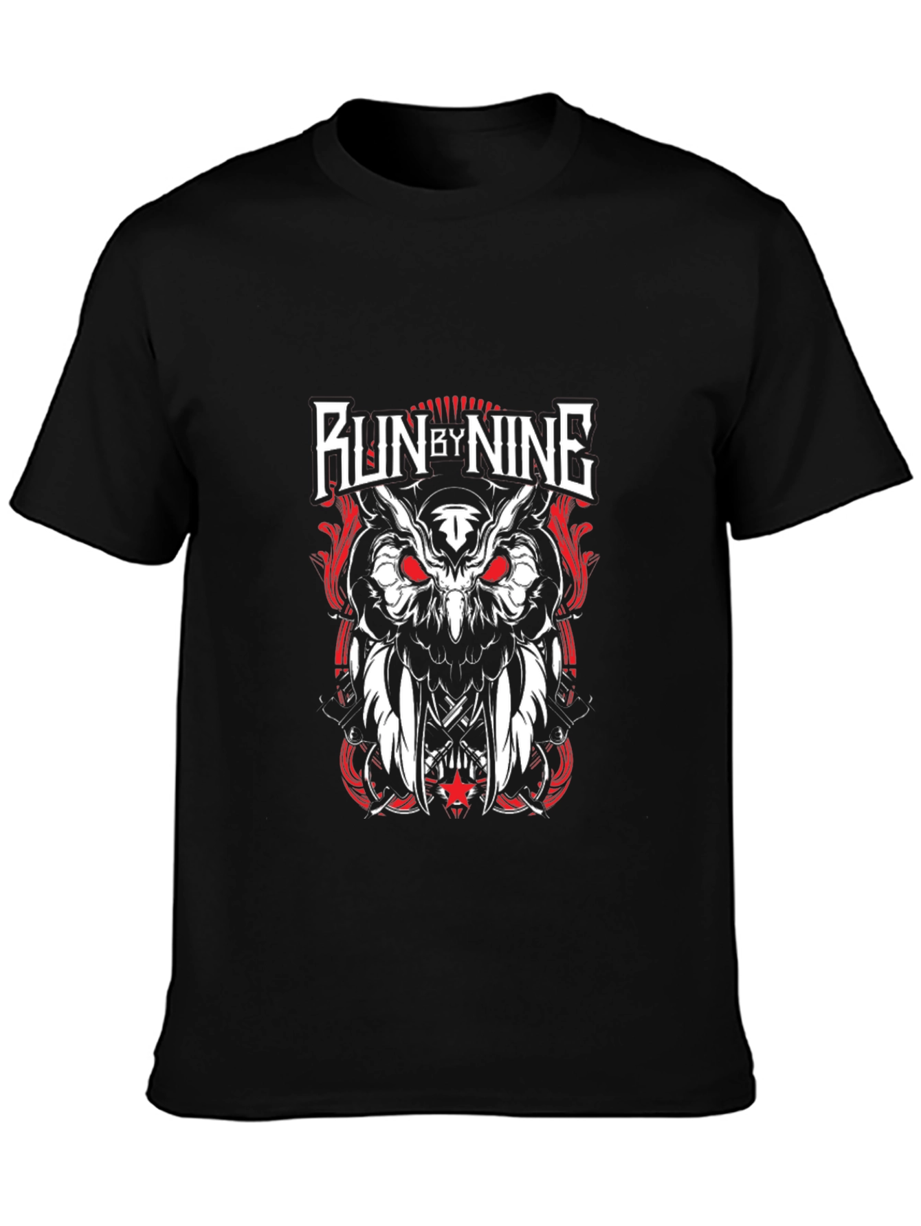 Black Run By Nine Graphic Tee - Owl Design Black T-Shirt view 3