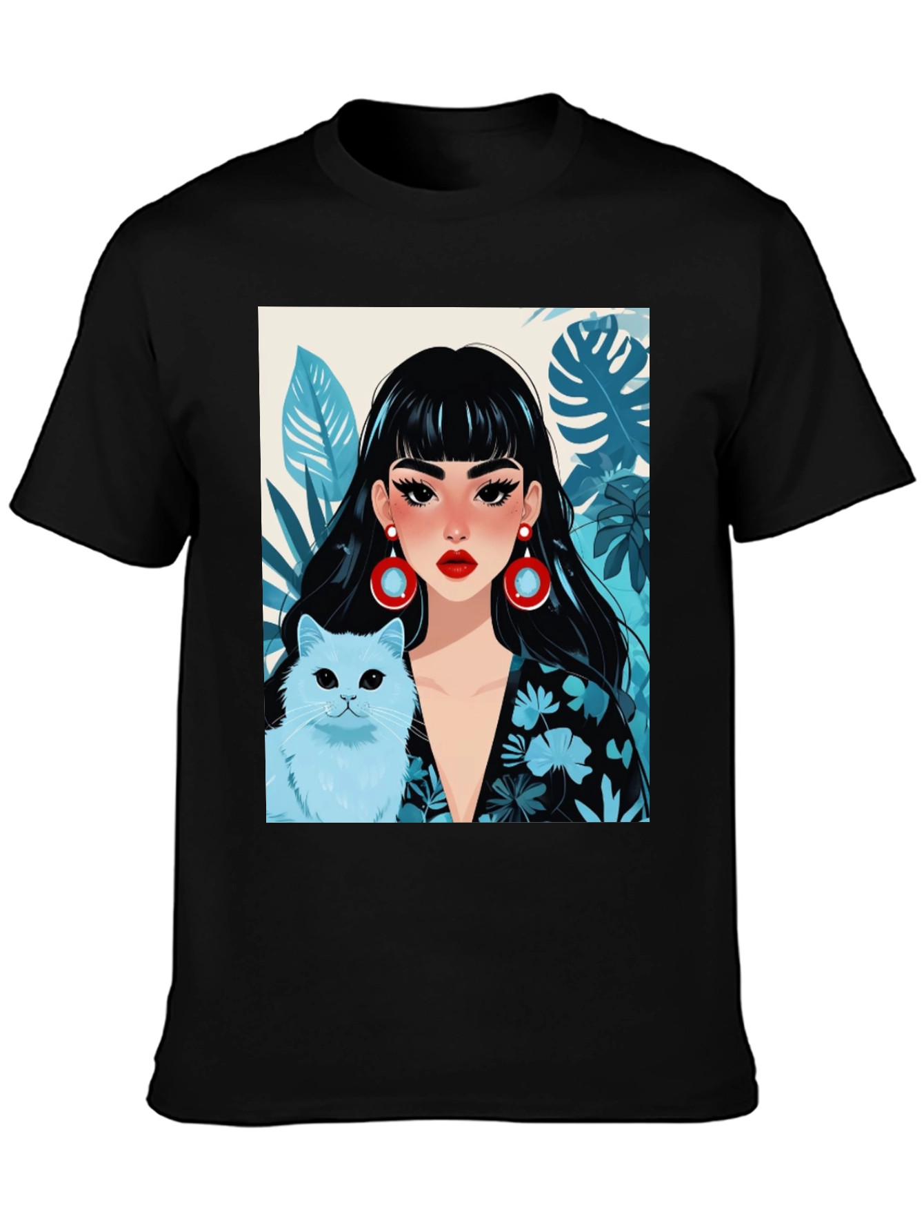 Black Trendy Graphic Tee - Woman & Cat view 3