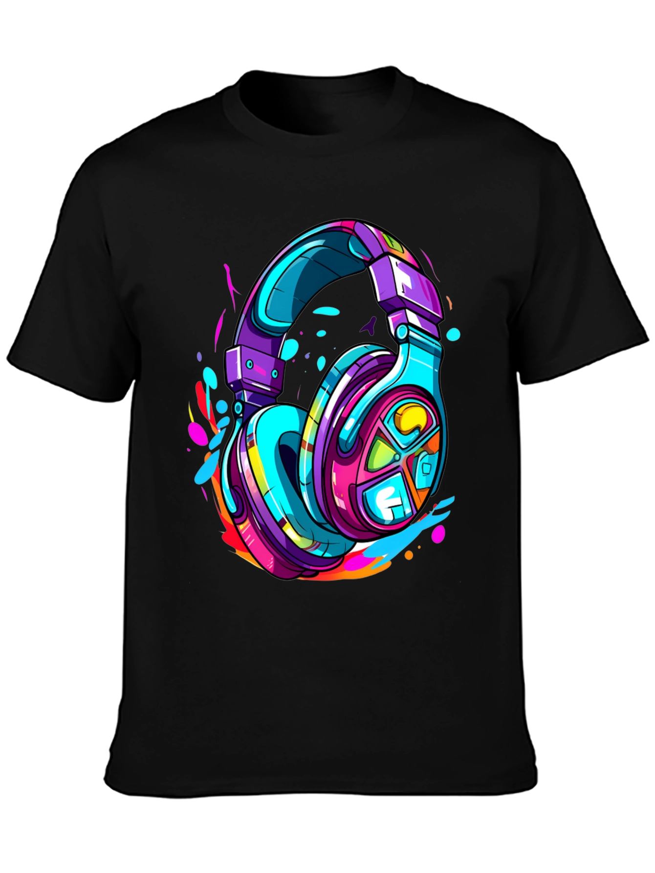 Black Vibrant Headphones Graphic Tee view 3