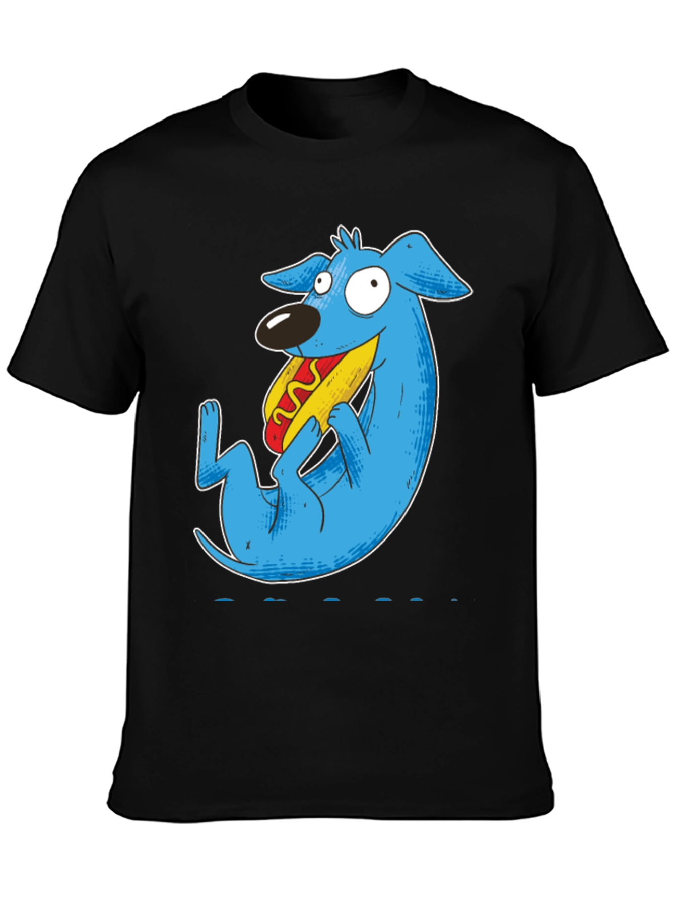 Black Cartoon Blue Dog Eating Hotdog Black T-Shirt view 3