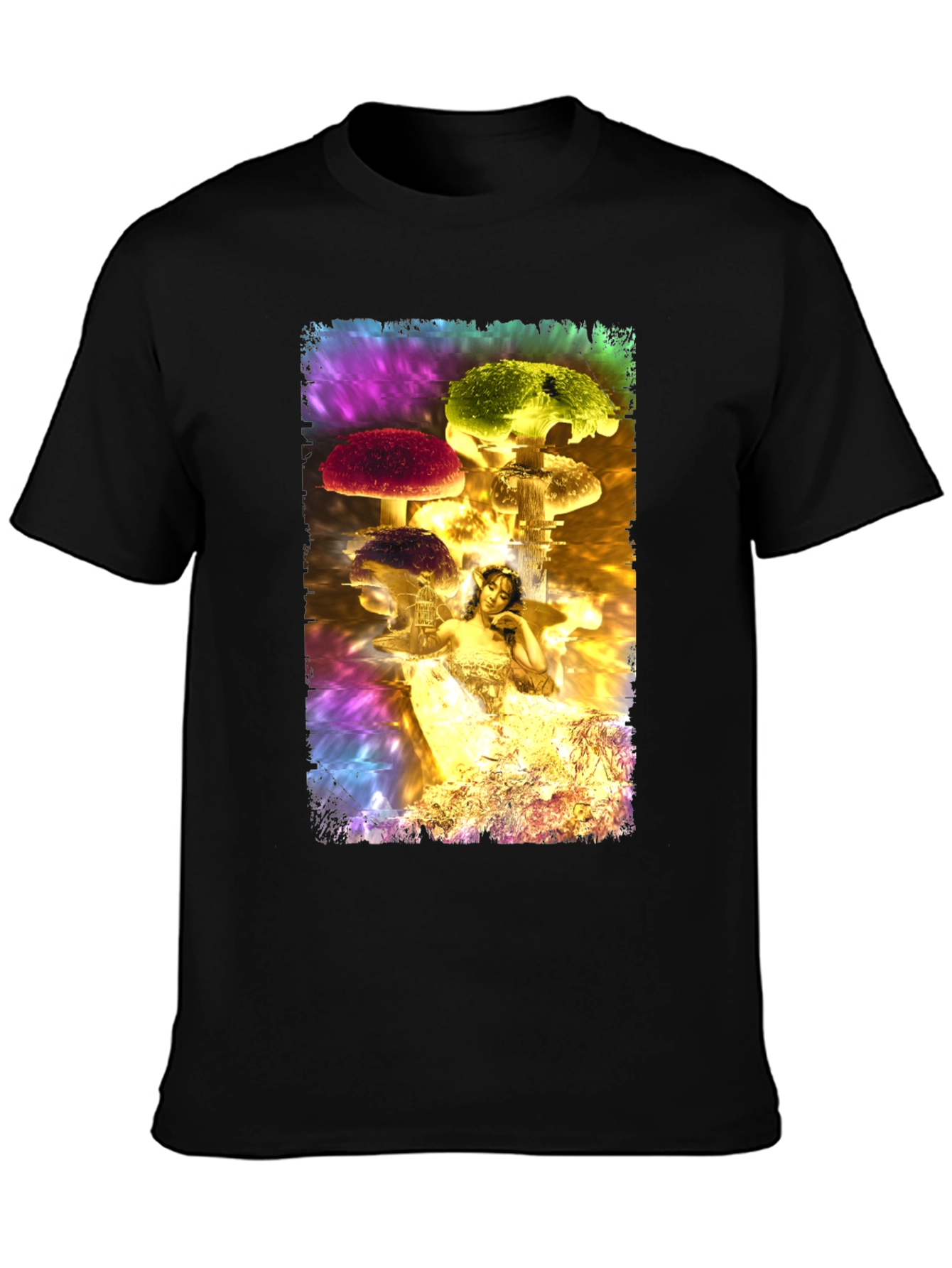 Black Fantasy Mushroom Fairy Graphic T-Shirt view 3