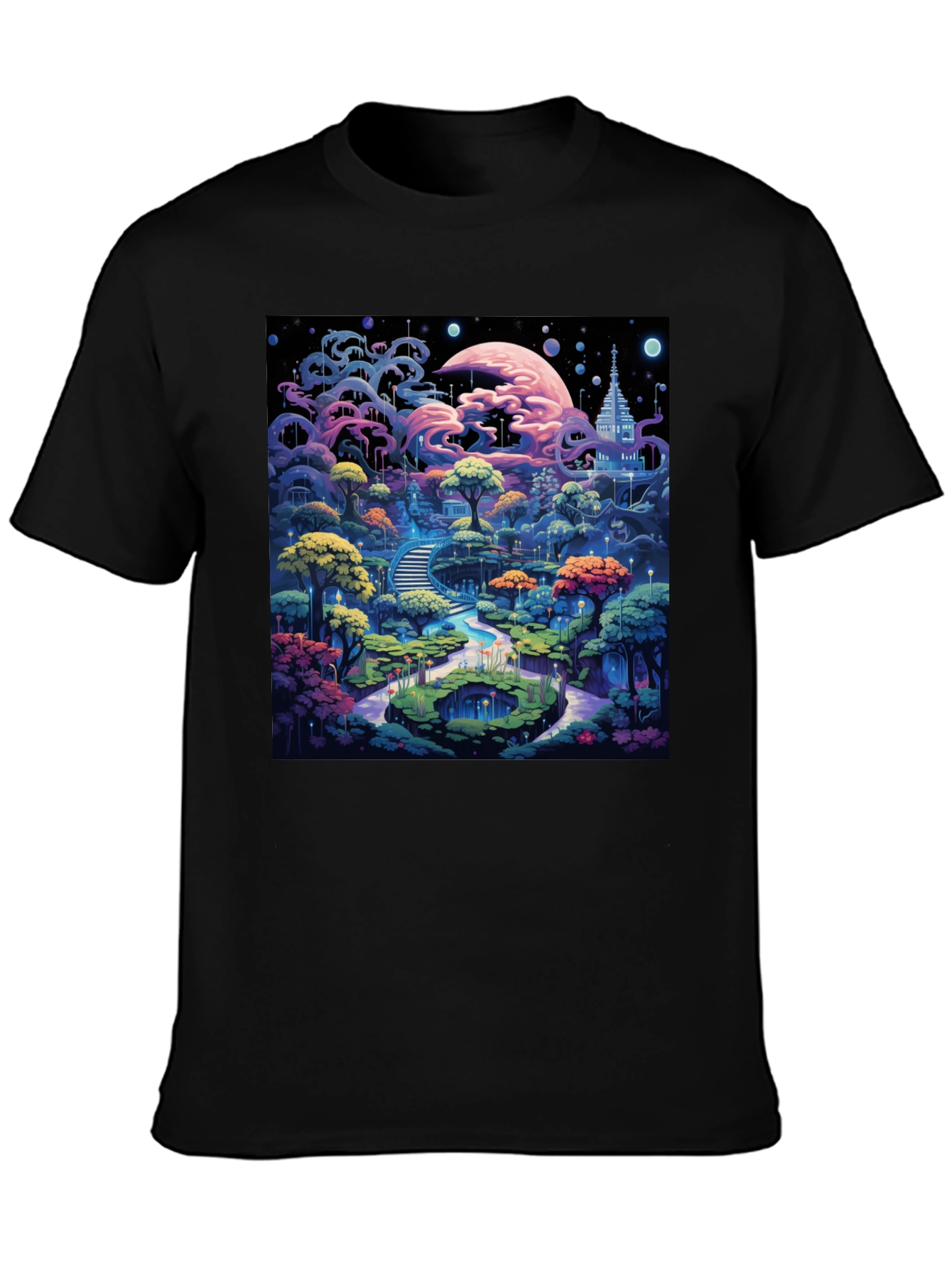 Black Fantasy Landscape Graphic Tee - Black Cotton Blend view 3