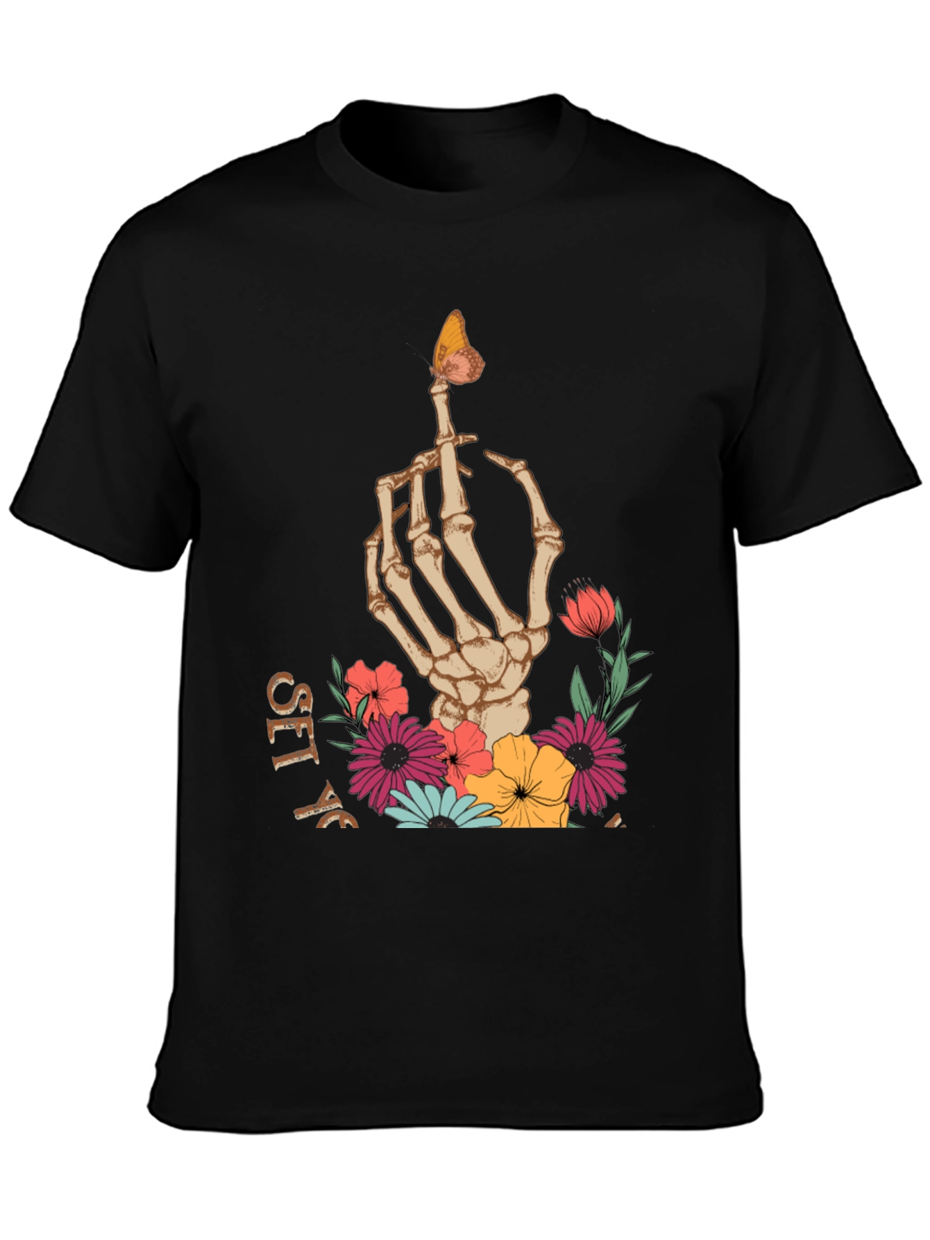Black Floral Skeleton Hand Graphic Tee - Men's Black T-Shirt view 3
