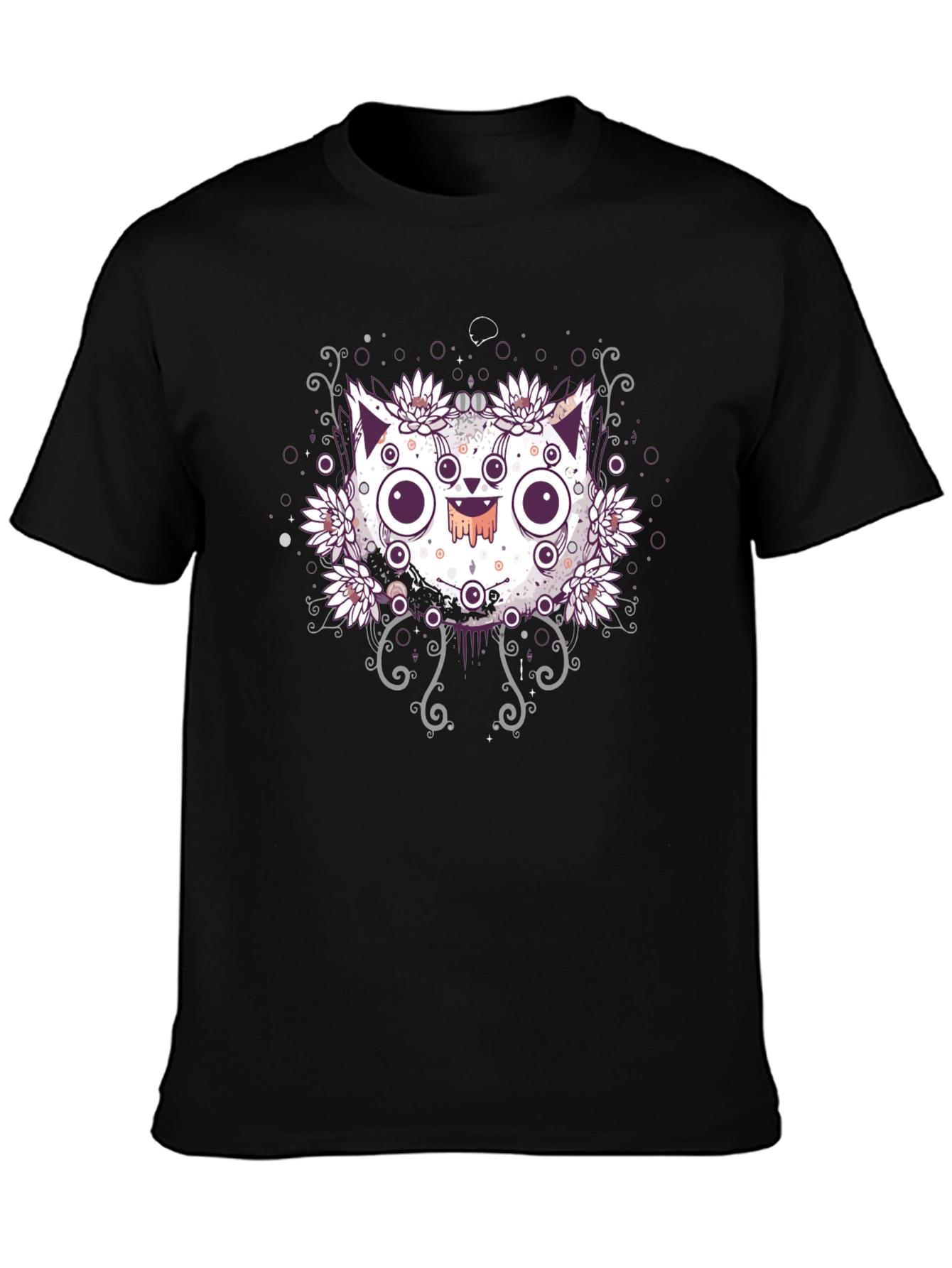 Black Mystical Cat T-Shirt - Floral Design Black Tee view 3