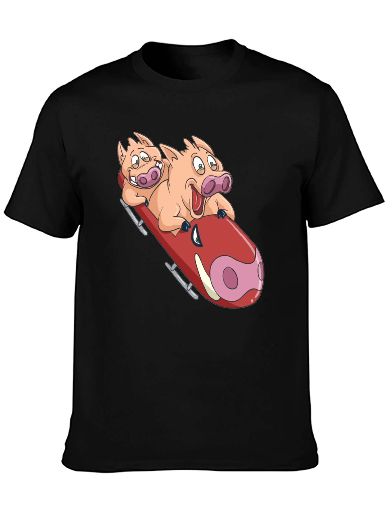 Black Funny Pigs Bobsledding Graphic T-Shirt view 3