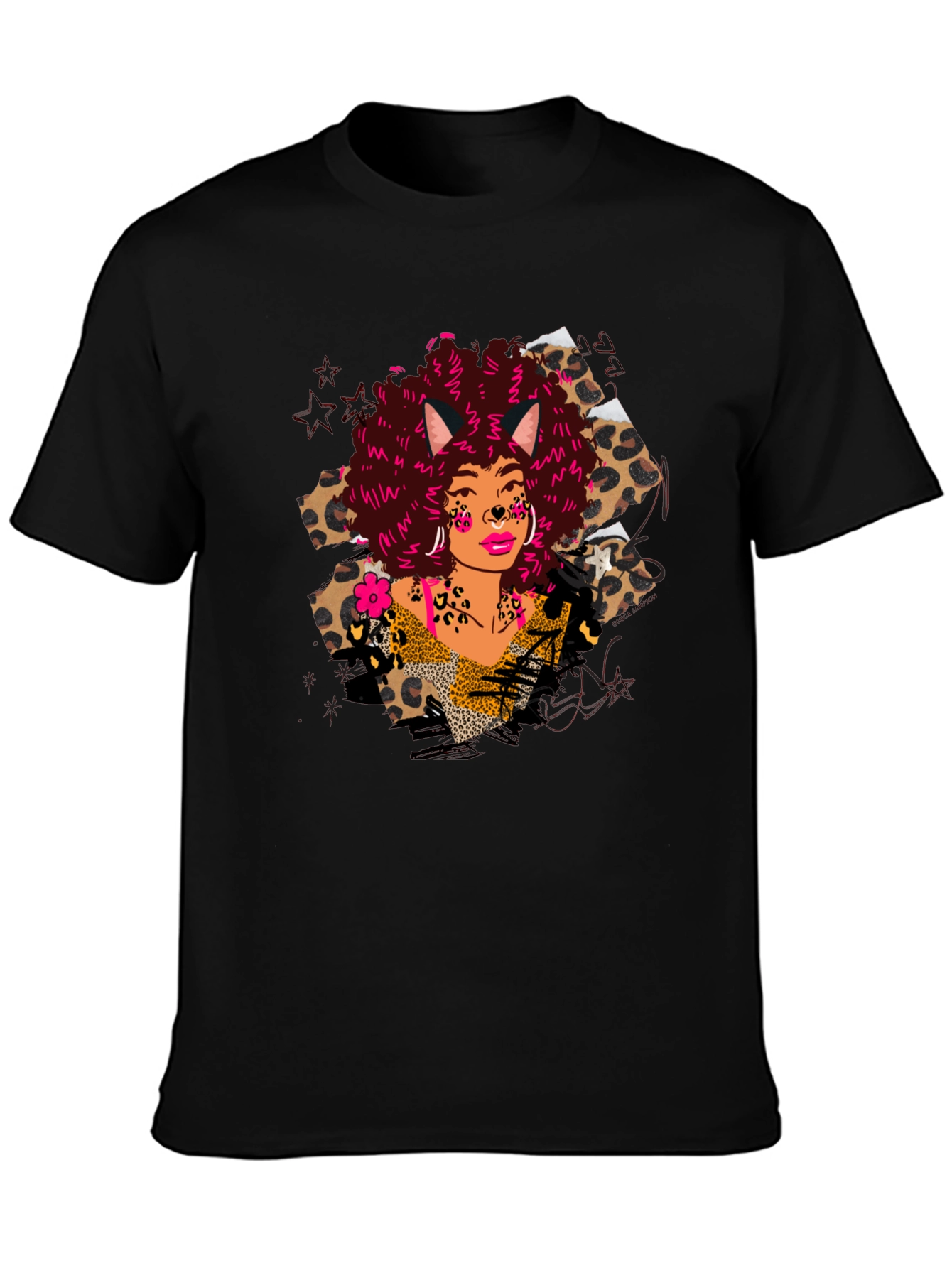 Black Leopard Print T-Shirt with Afro Cat Lady Design view 3
