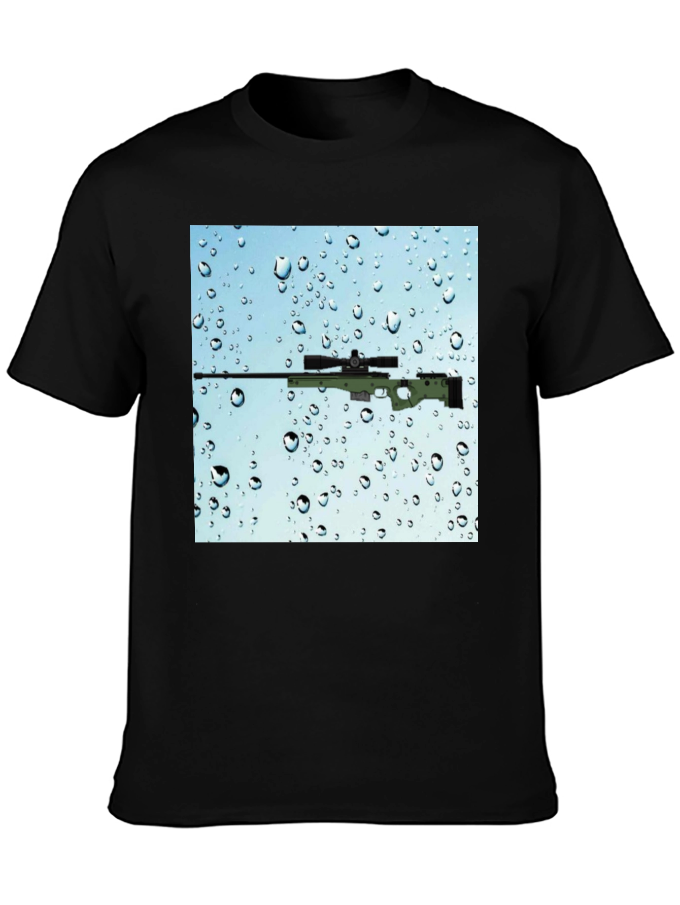 Black Gun on Rainy Window T-Shirt - Cool Graphic Tee view 3