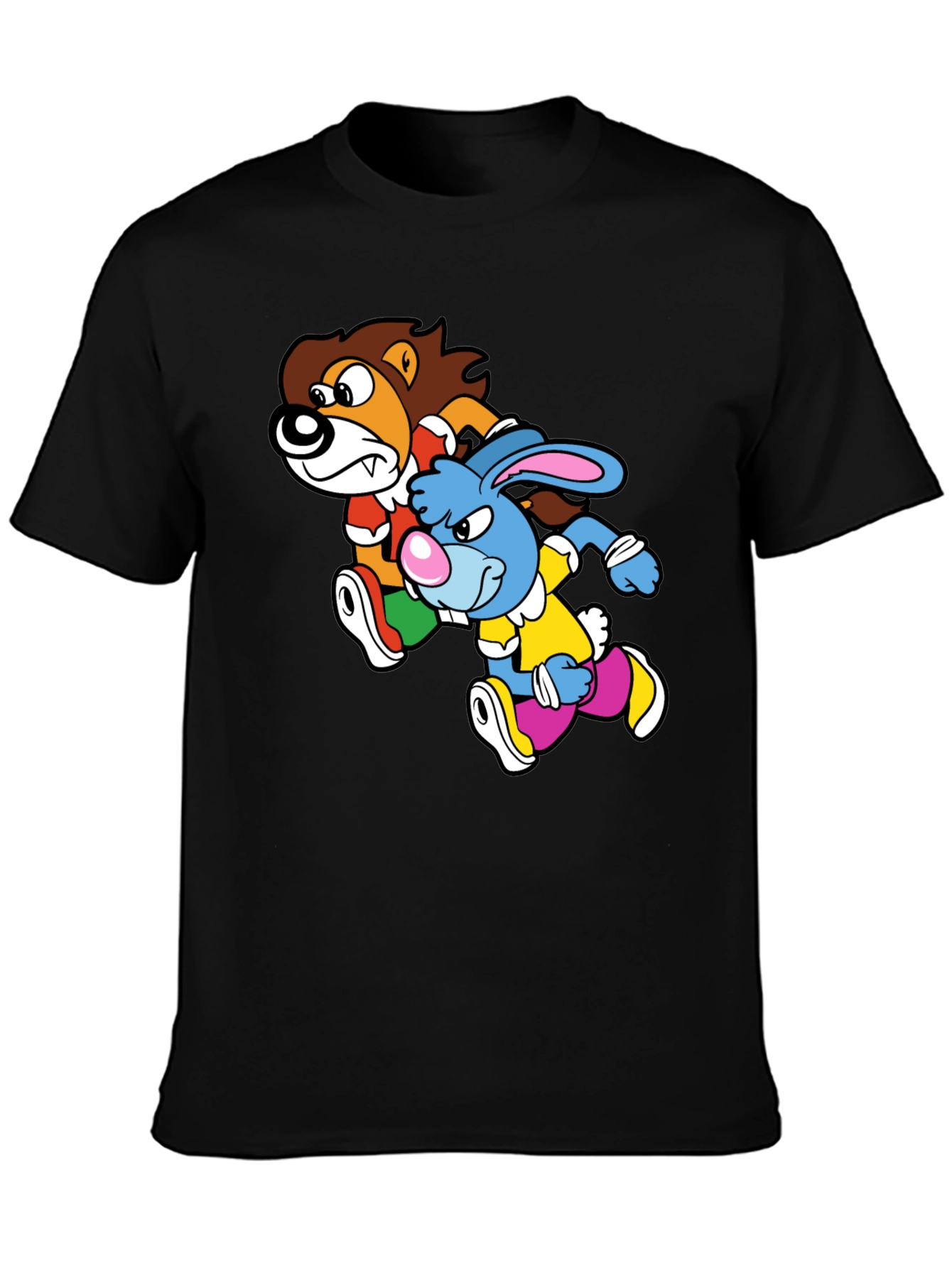 Black Lion and Rabbit Cartoon Graphic Black T-Shirt view 3