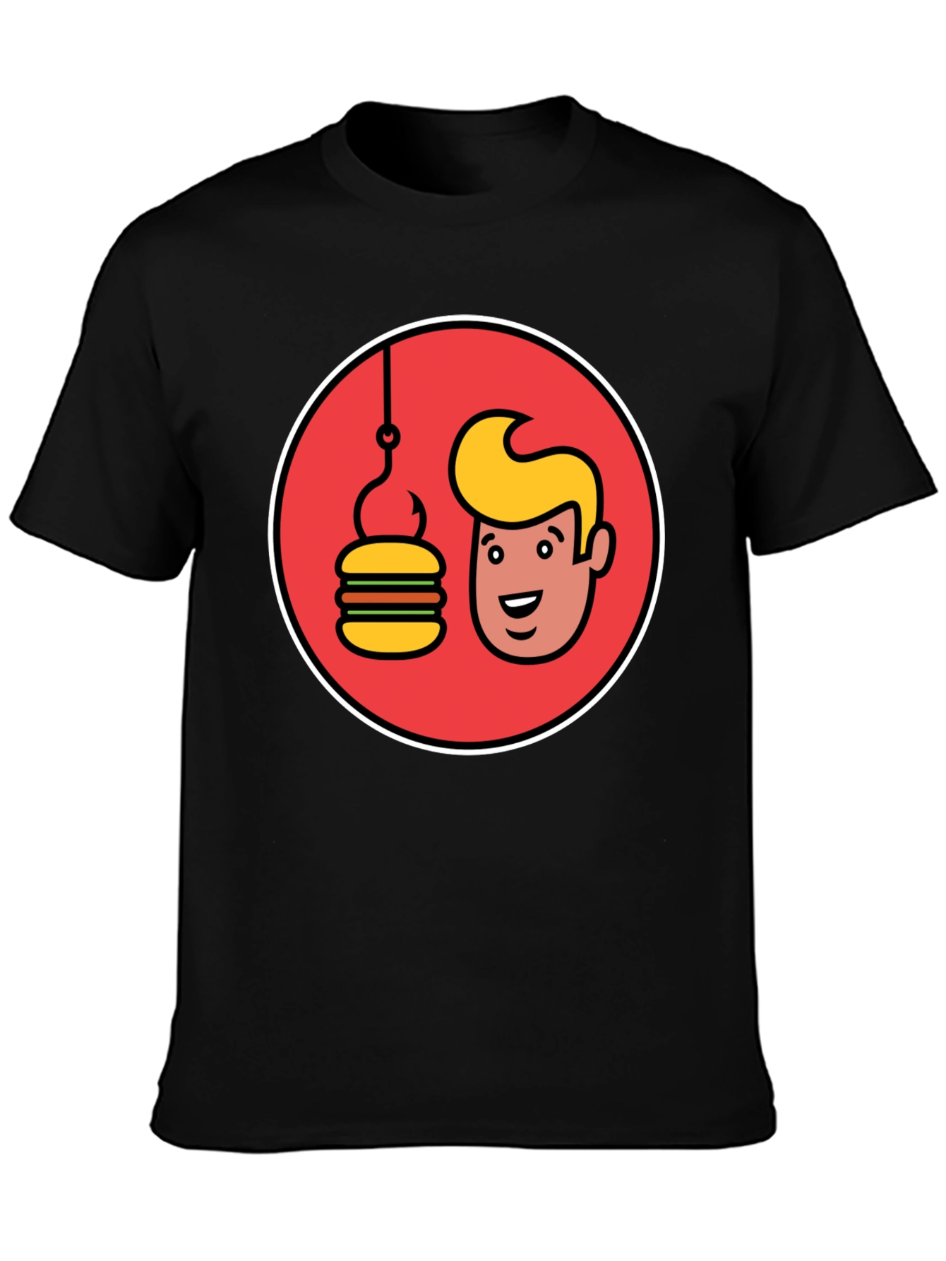 Black Funny Man & Burger Fishing Hook Black T-Shirt view 3