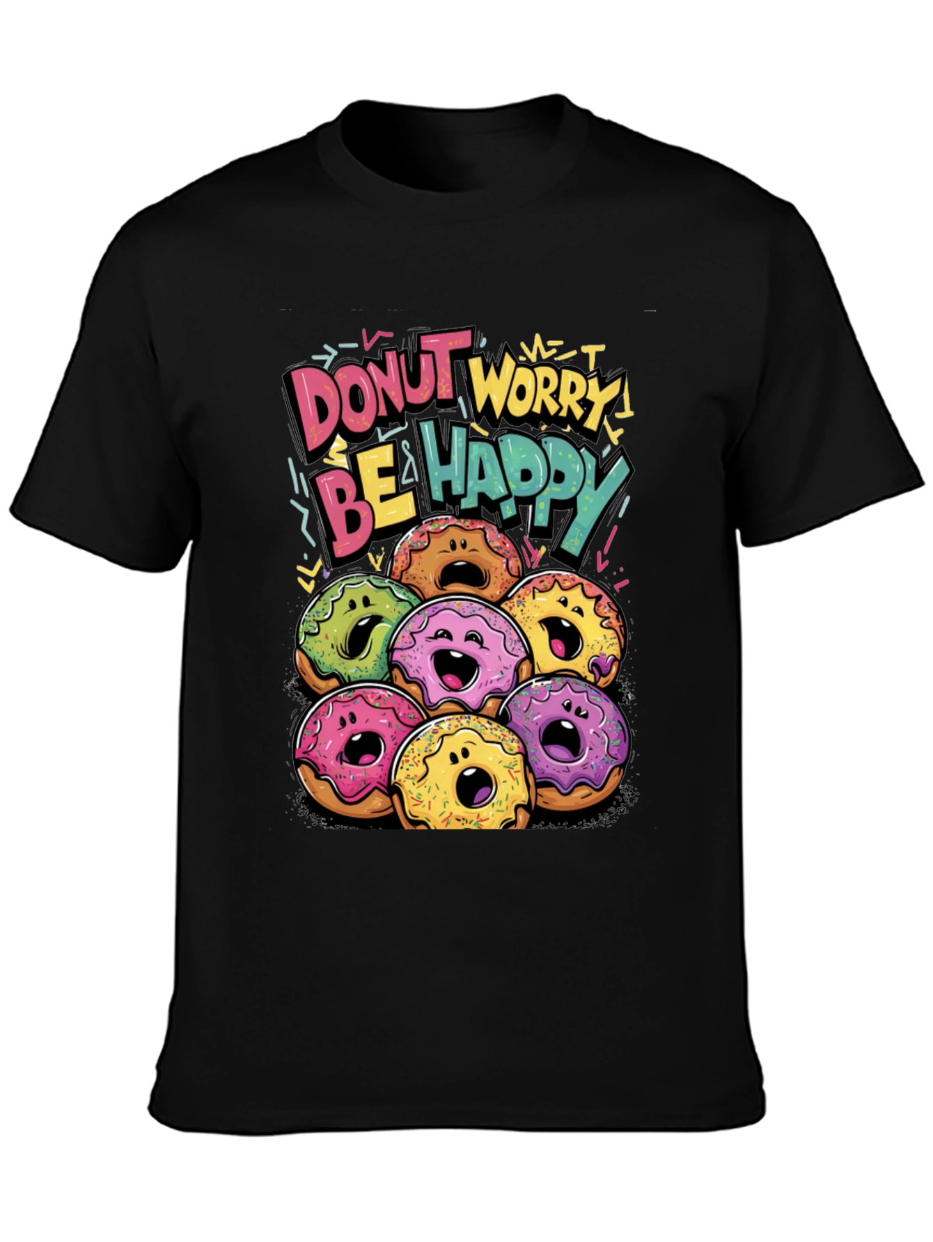 Black Donut Worry Be Happy Graphic T-Shirt view 3