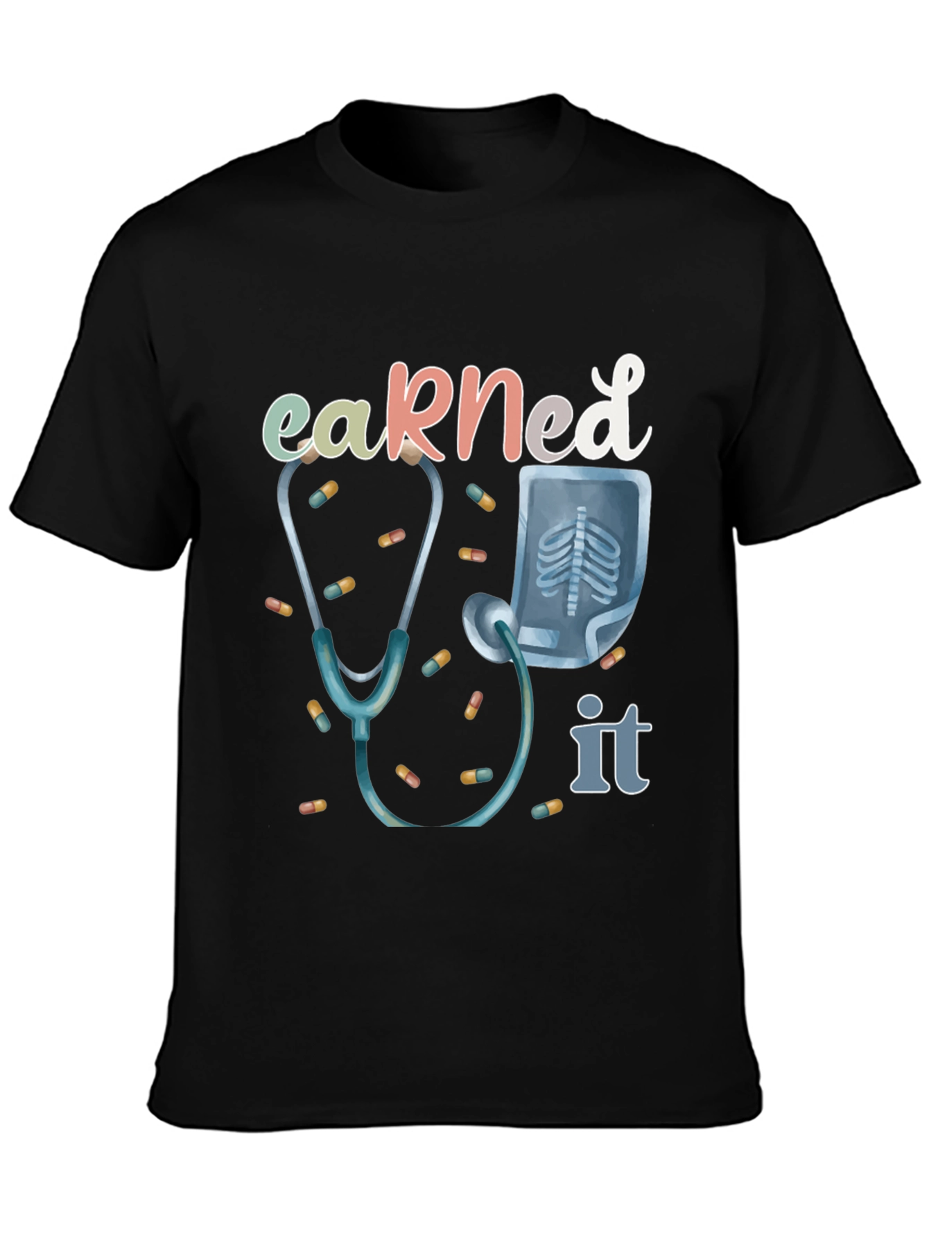 Black Earned It Doctor T-Shirt - Stethoscope & X-Ray Graphic view 3