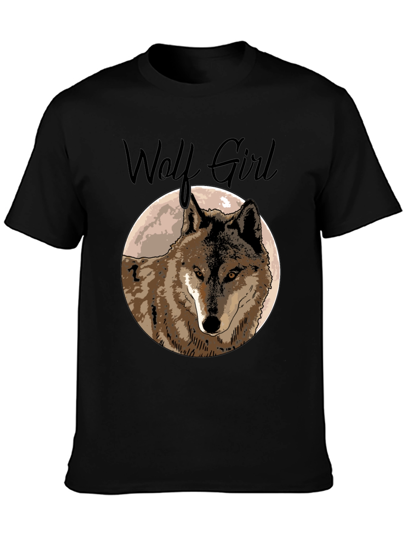 Black Wolf Girl Graphic Tee - Black Cotton T-Shirt view 3