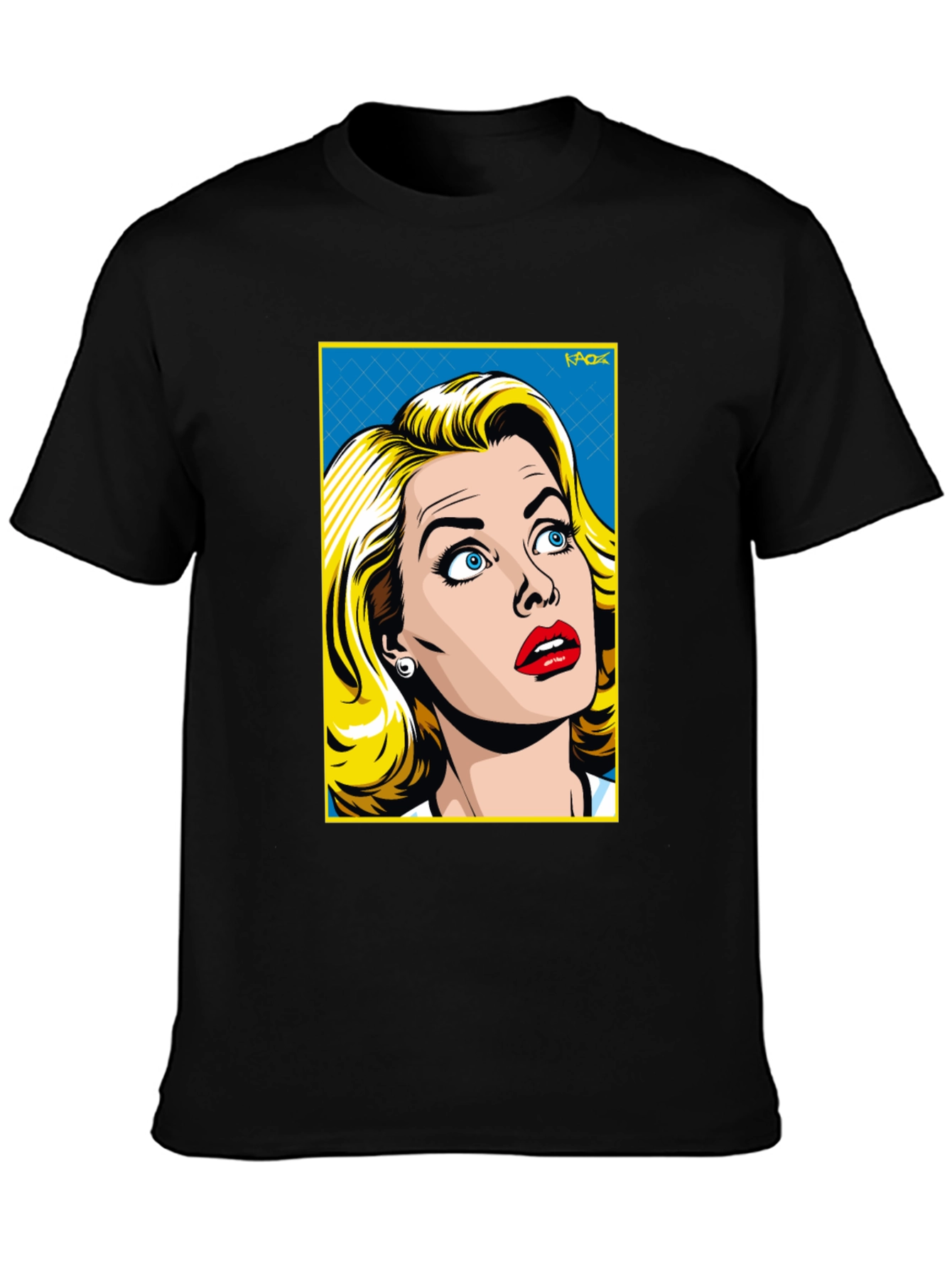 Black Retro Pop Art Woman T-Shirt - Black Cotton Tee view 3