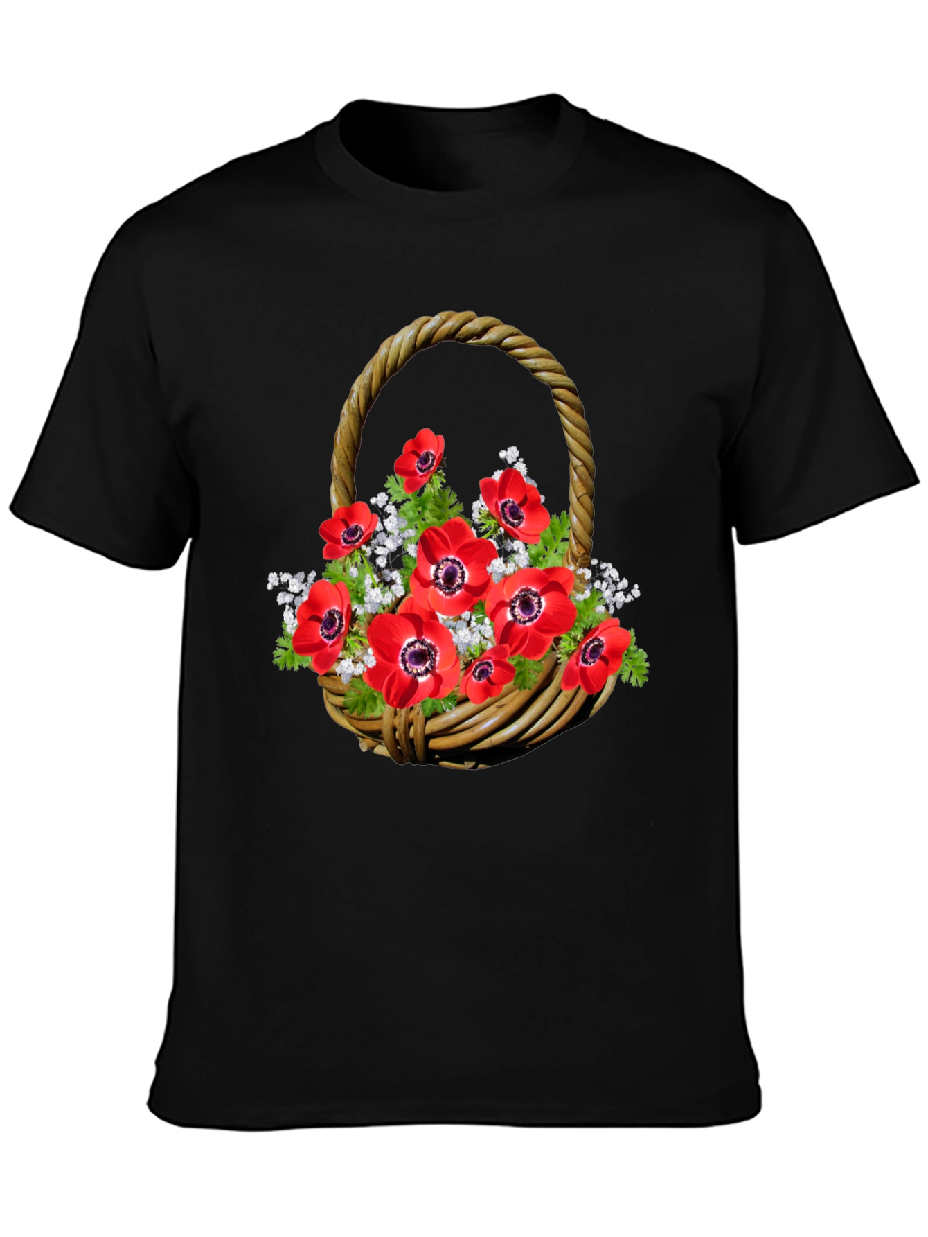 Floral Basket T-Shirt: Red Anemones on Black Cotton Tee - 3