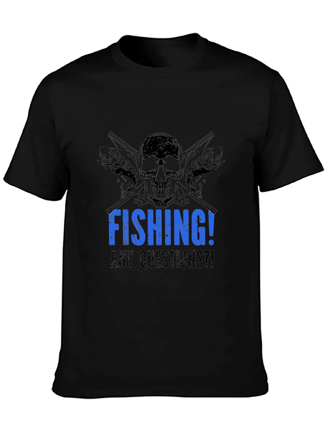 Black Fishing Skull Graphic Tee - Any Questions?! Black Cotton T-Shirt view 3