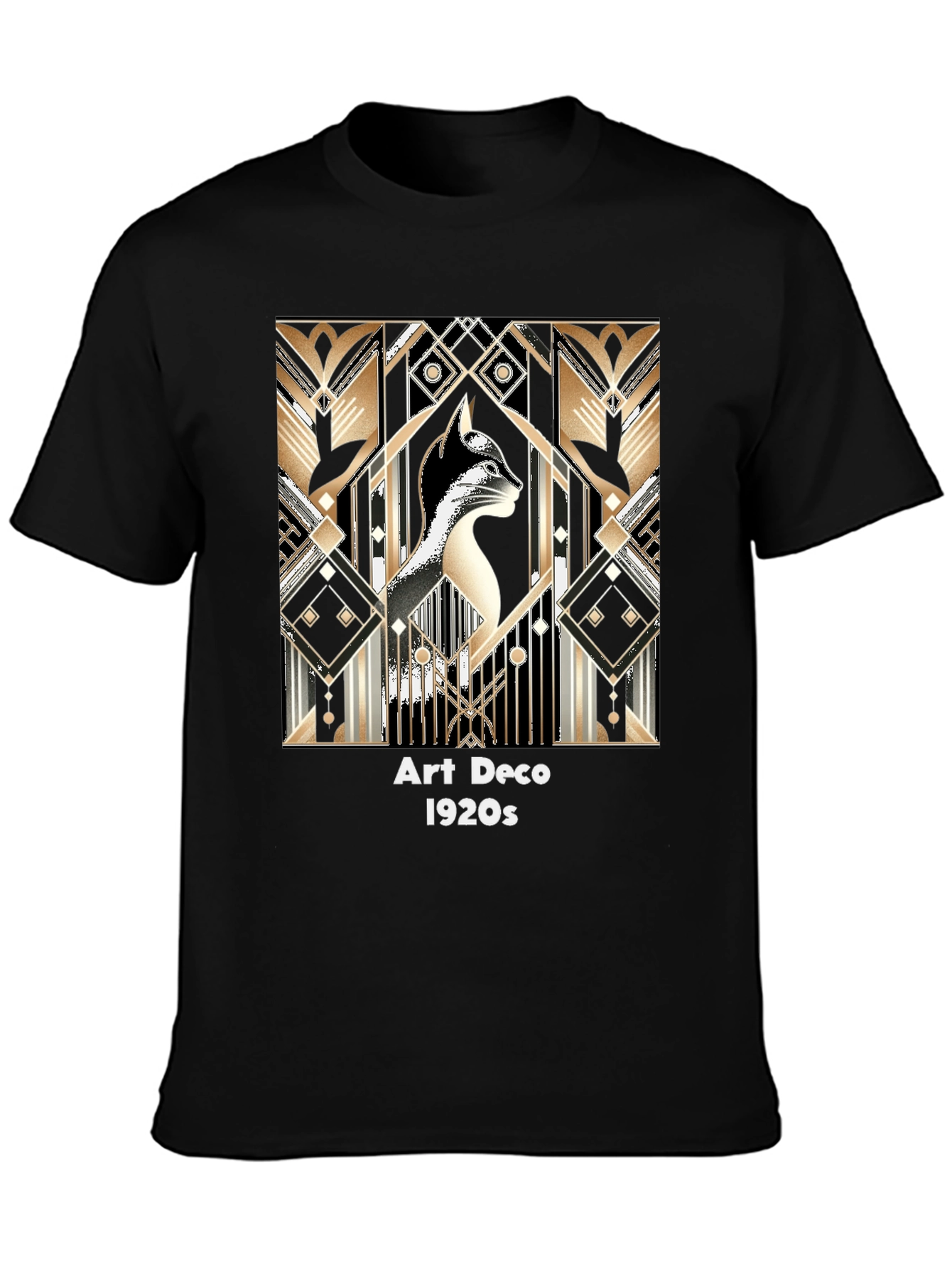Black Art Deco Cat T-Shirt - Roaring 20s Style view 3