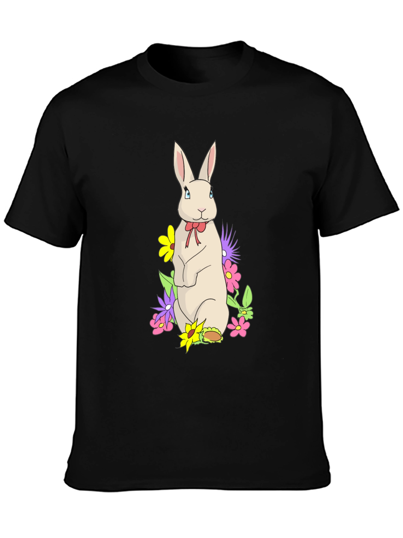 Black Rabbit & Flowers Black T-Shirt view 3