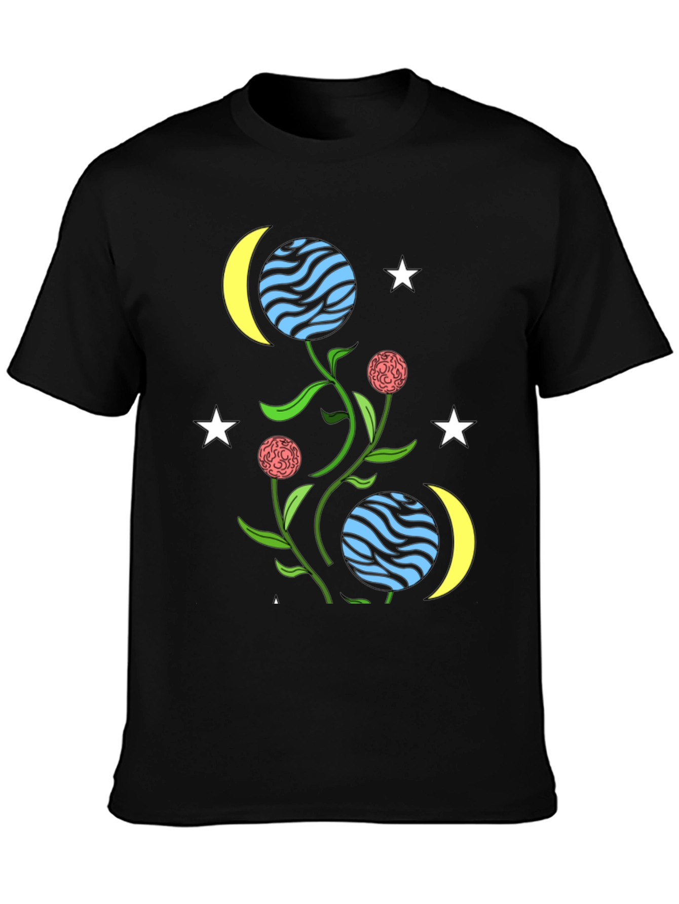 Black Cosmic Floral T-Shirt - Stars, Moons, & Planets Design view 3