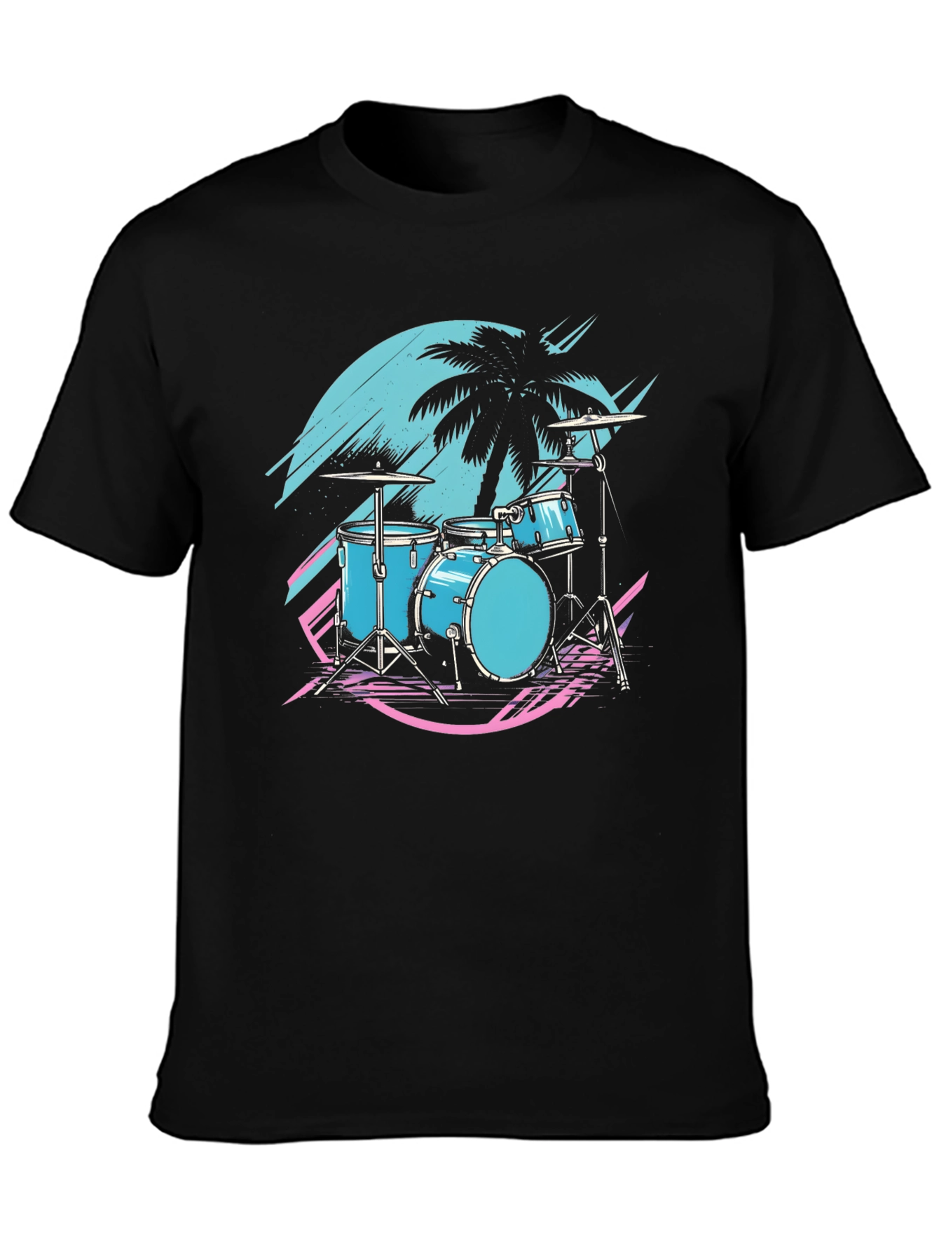 Black Retro Drum Set T-Shirt - Synthwave Vibes view 3