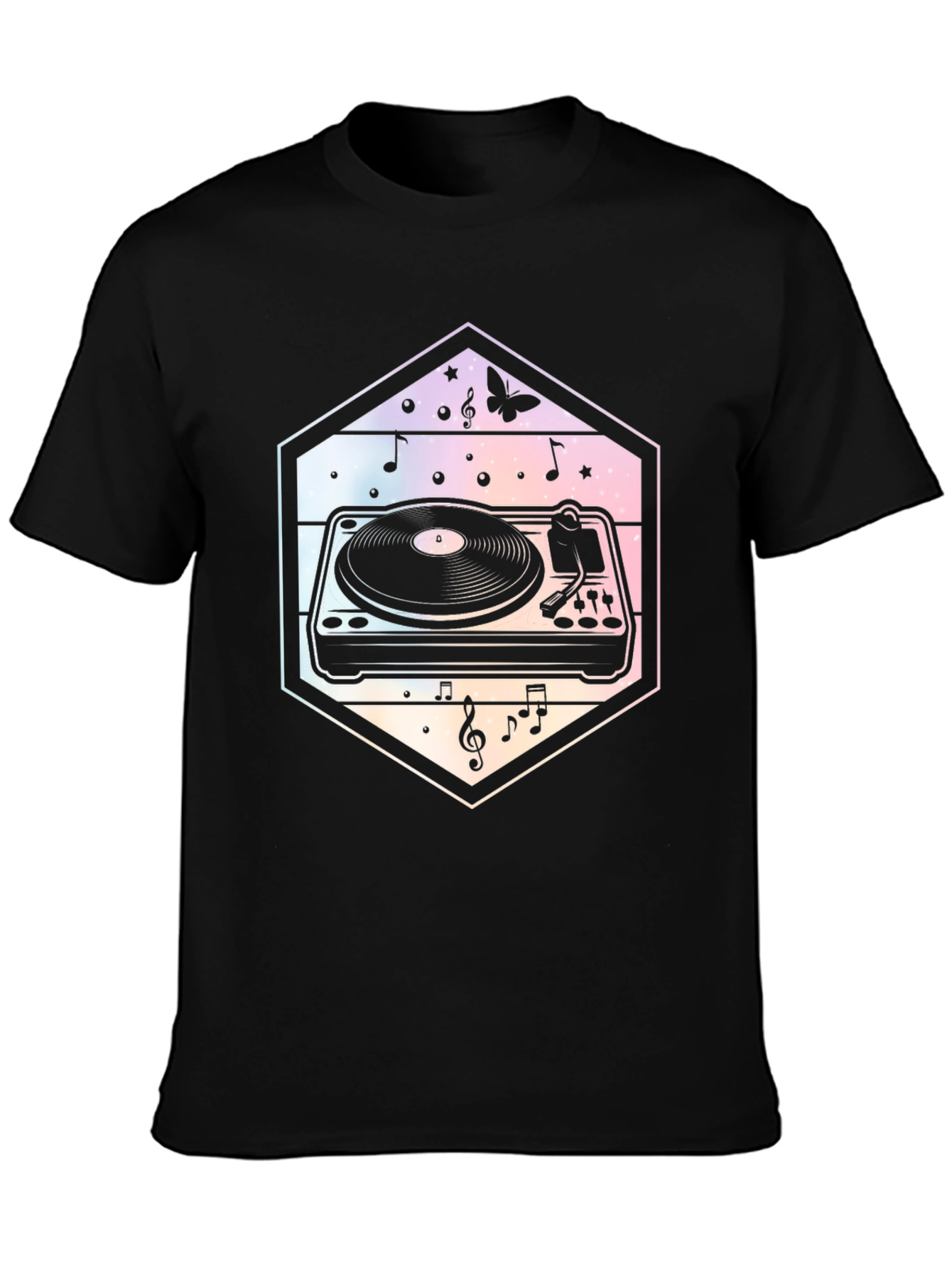 Black Retro Turntable Music T-Shirt - DJ Gift view 3
