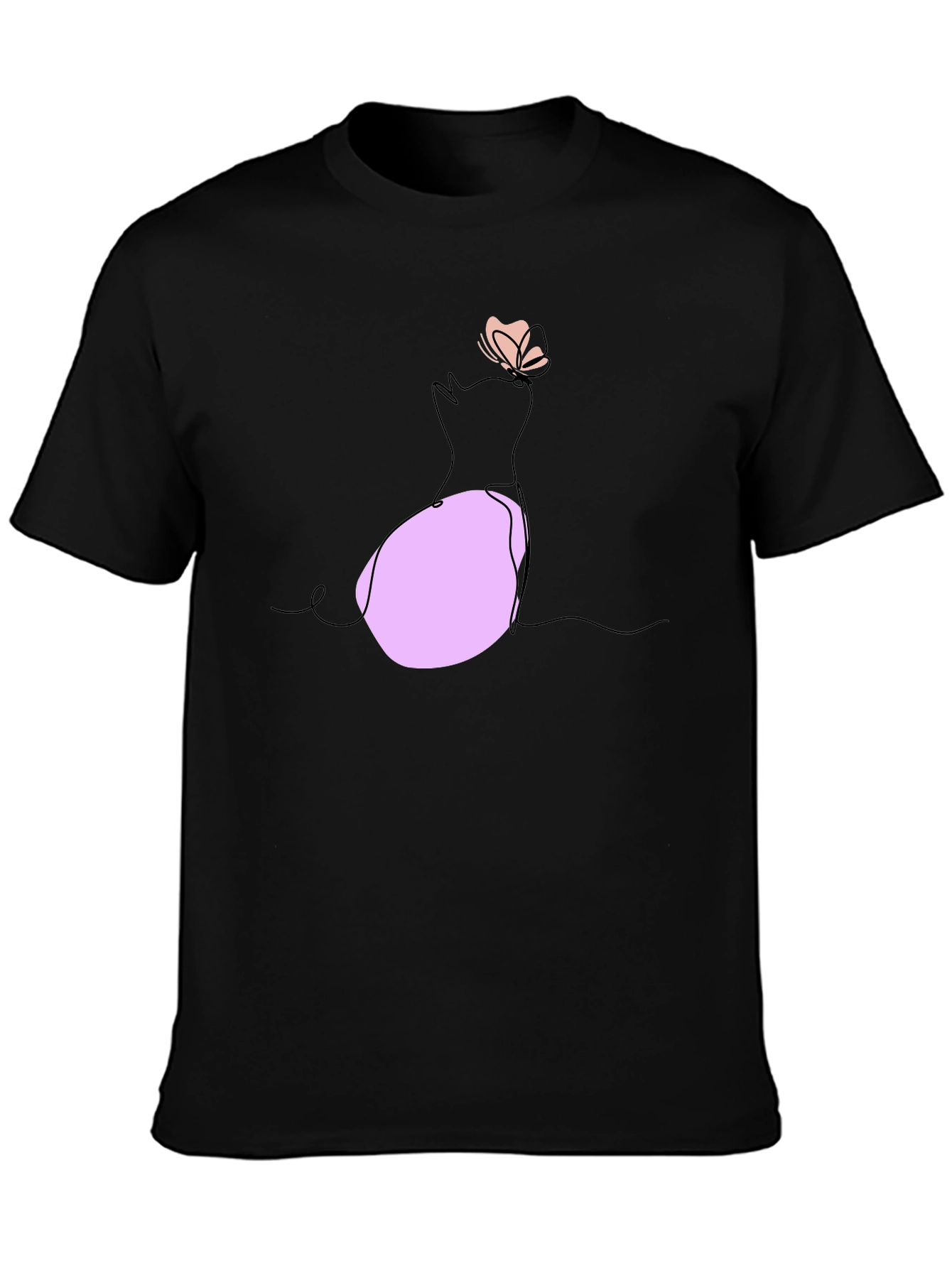 Black Minimalist Cat & Butterfly Graphic T-Shirt view 3