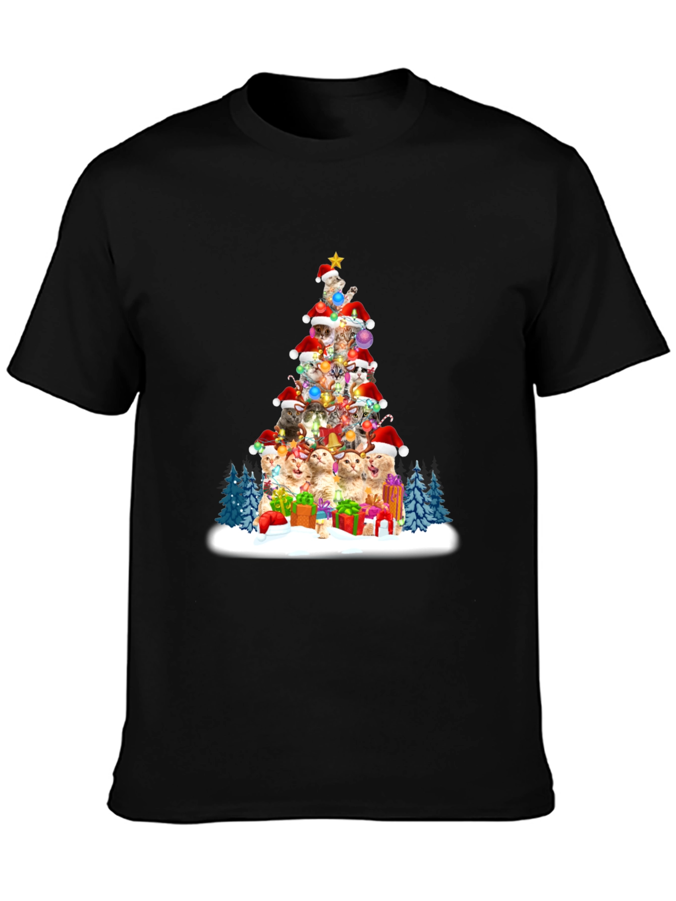Black Festive Cat Christmas Tree T-Shirt view 3
